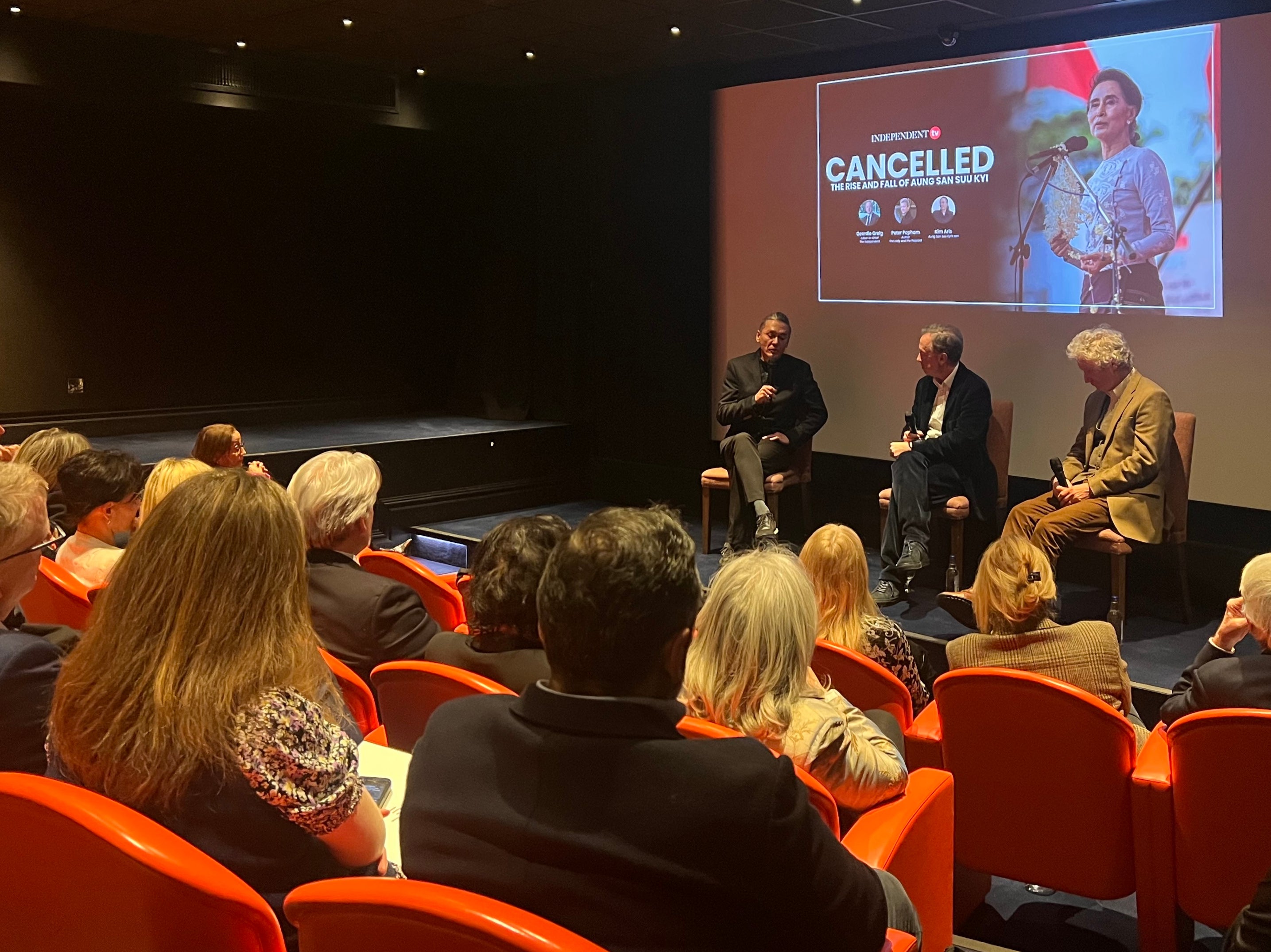 Screening of ‘Cancelled: The Rise and Fall of Aung San Suu Kyi’ with (left to right) her son Kim Aris, Independent editor-in-chief Geordie Greig and journalist Peter Popham