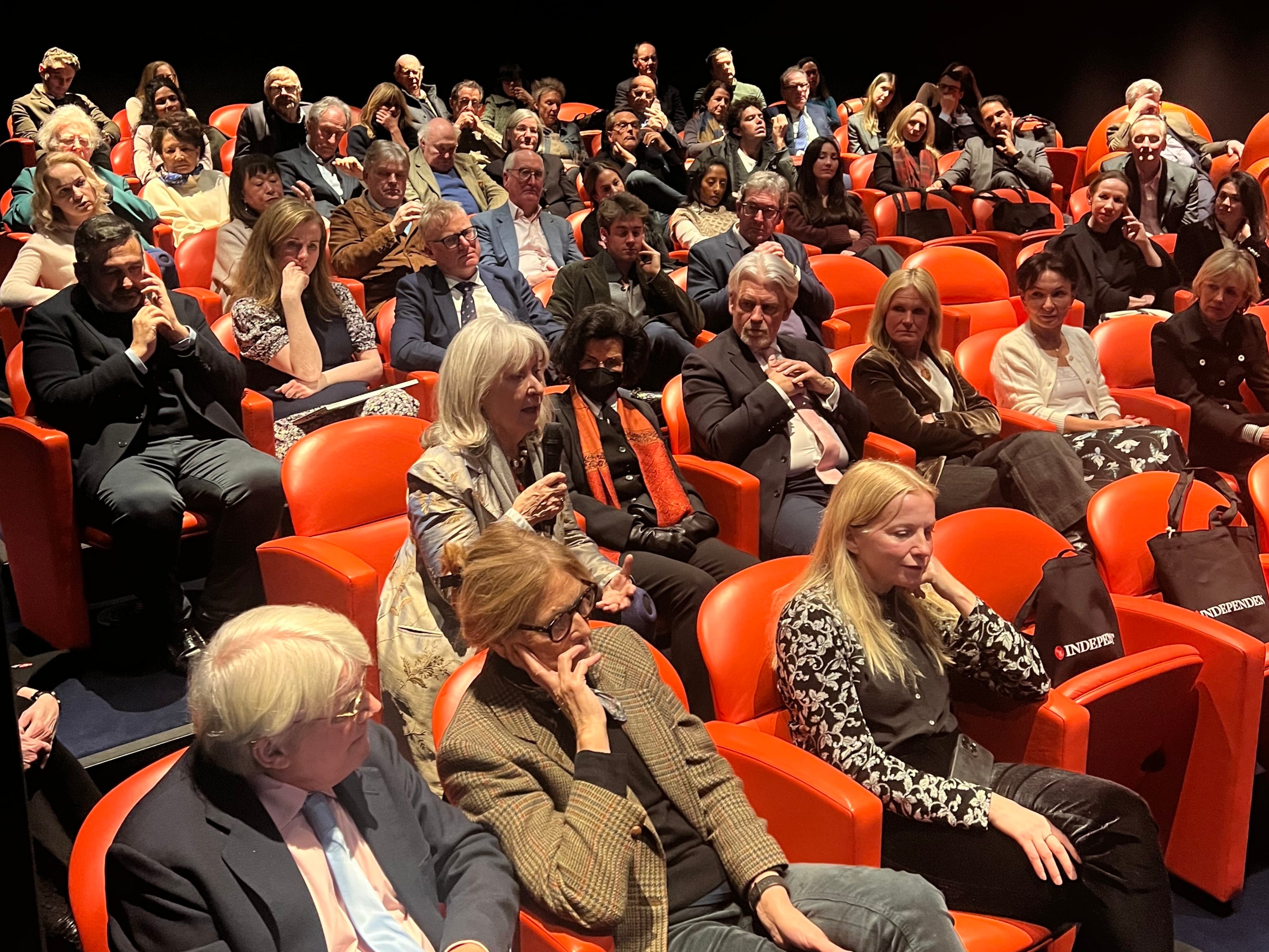 Bianca Jagger listens to Helena Kennedy at the screening of The Independent’s documentary ‘Cancelled: The Rise and Fall of Aung San Suu Kyi’