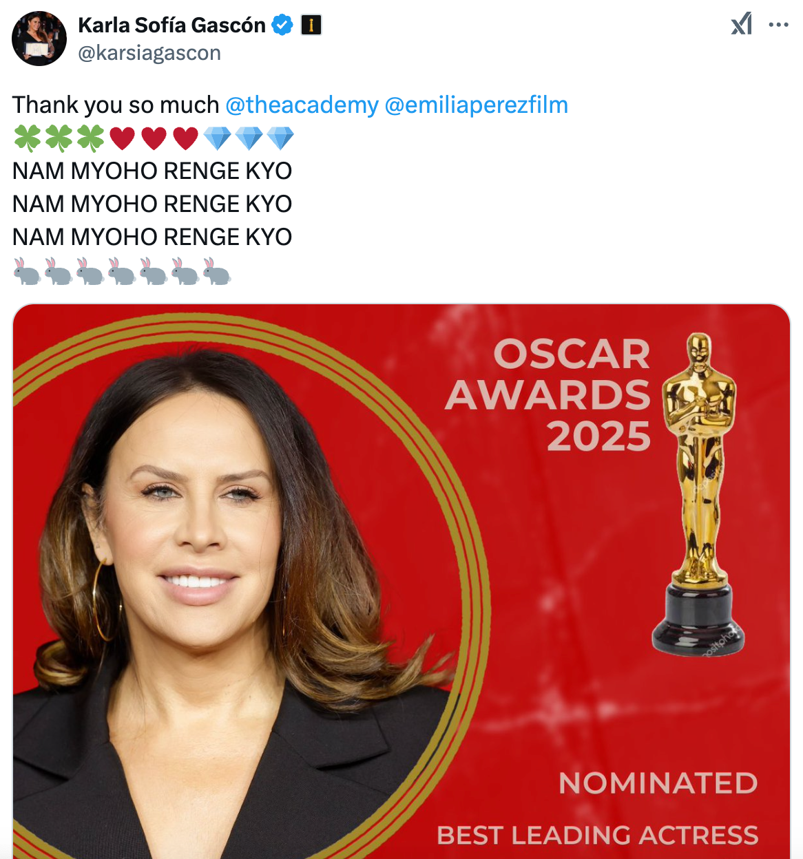 The actress shares heartfelt message on X after nomination announcement