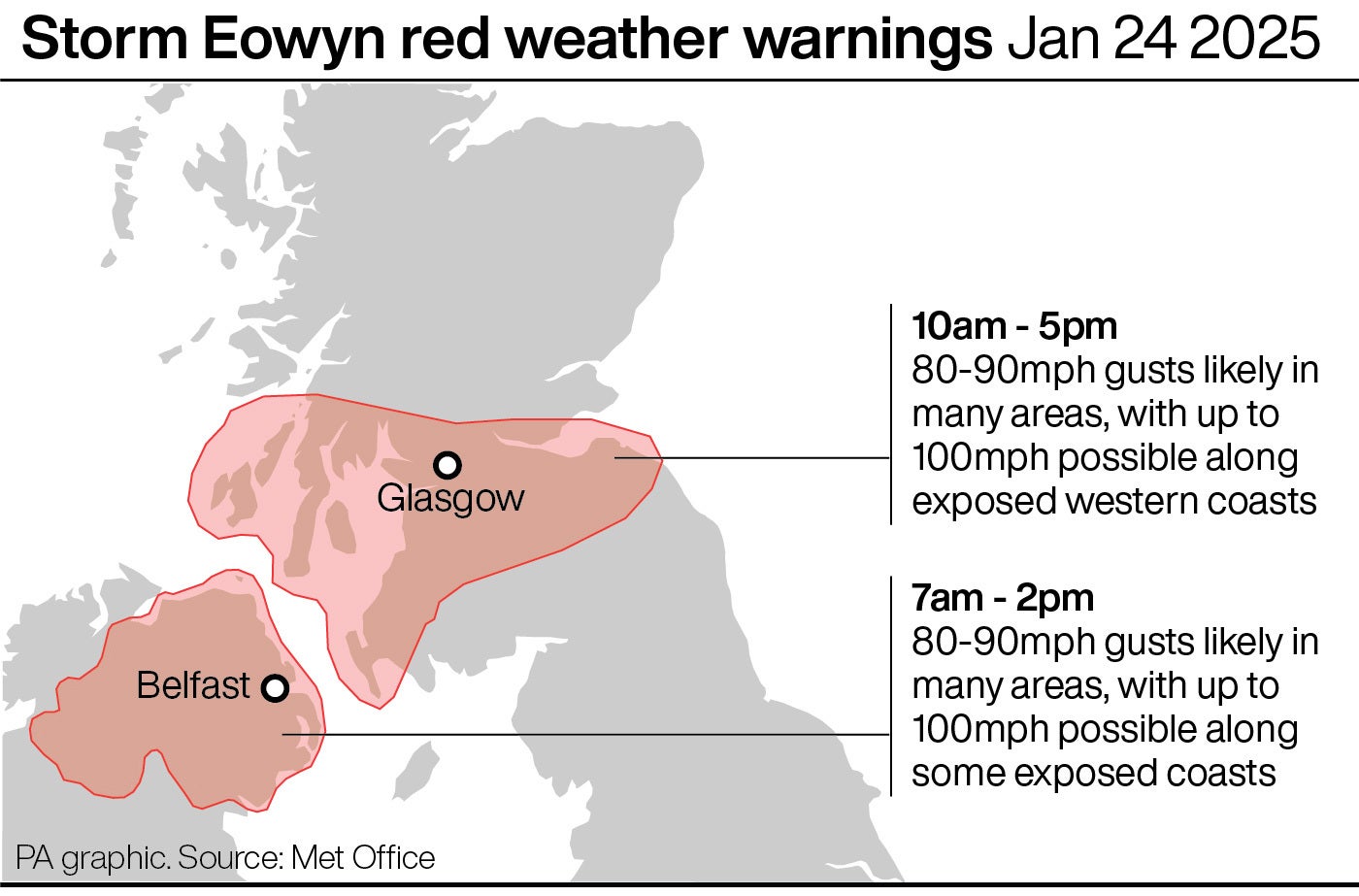 Storm Eowyn red weather warnings Jan 24 2025. See story WEATHER Winter. Infographic PA Graphics. An editable version of this graphic is available if required. Please contact graphics@pamediagroup.com.