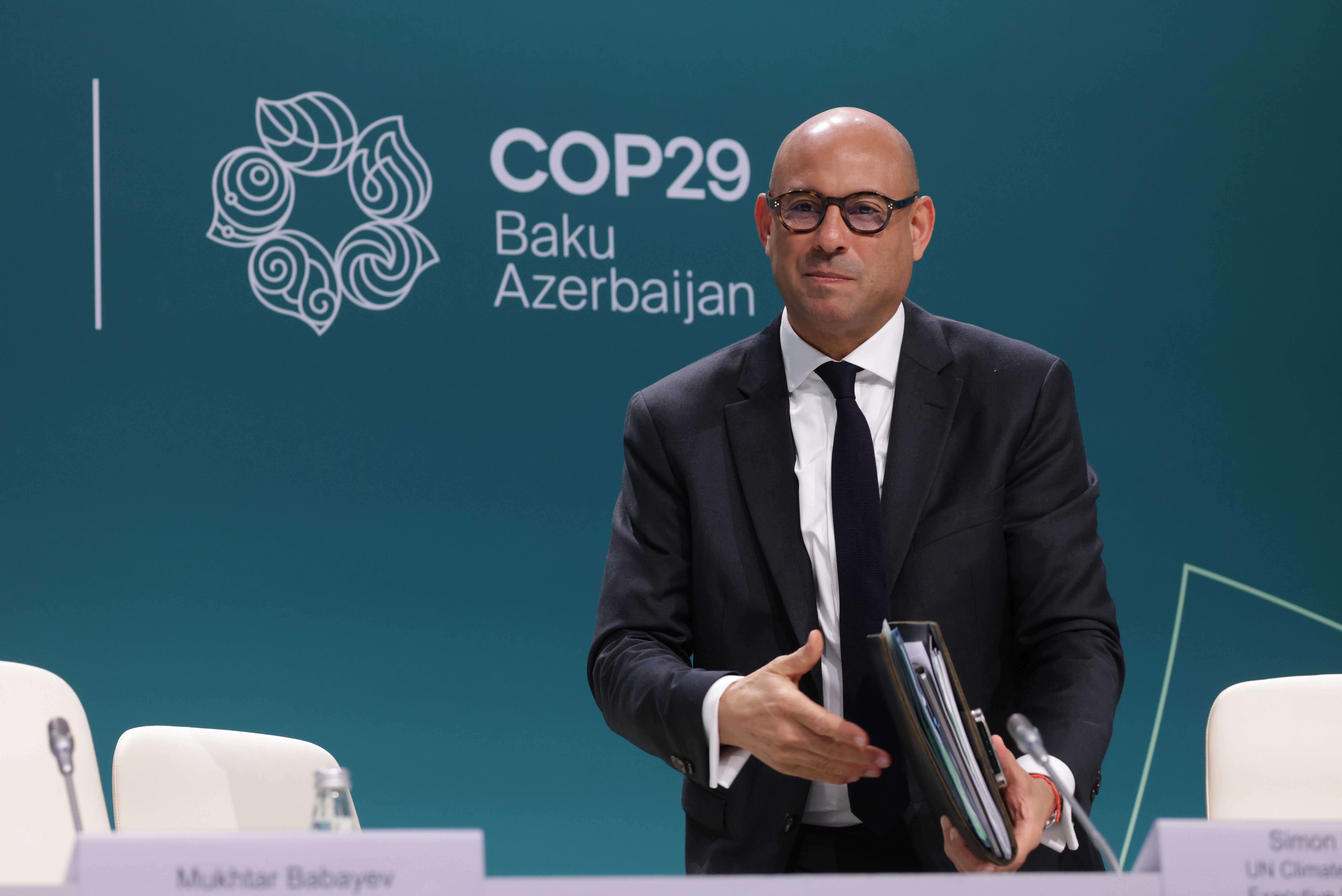 <p>UNFCCC Executive Secretary Simon Stiell arrives to speak to the media on day seven at the UNFCCC COP29 Climate Conference on November 18, 2024 in Baku, Azerbaijan. </p>