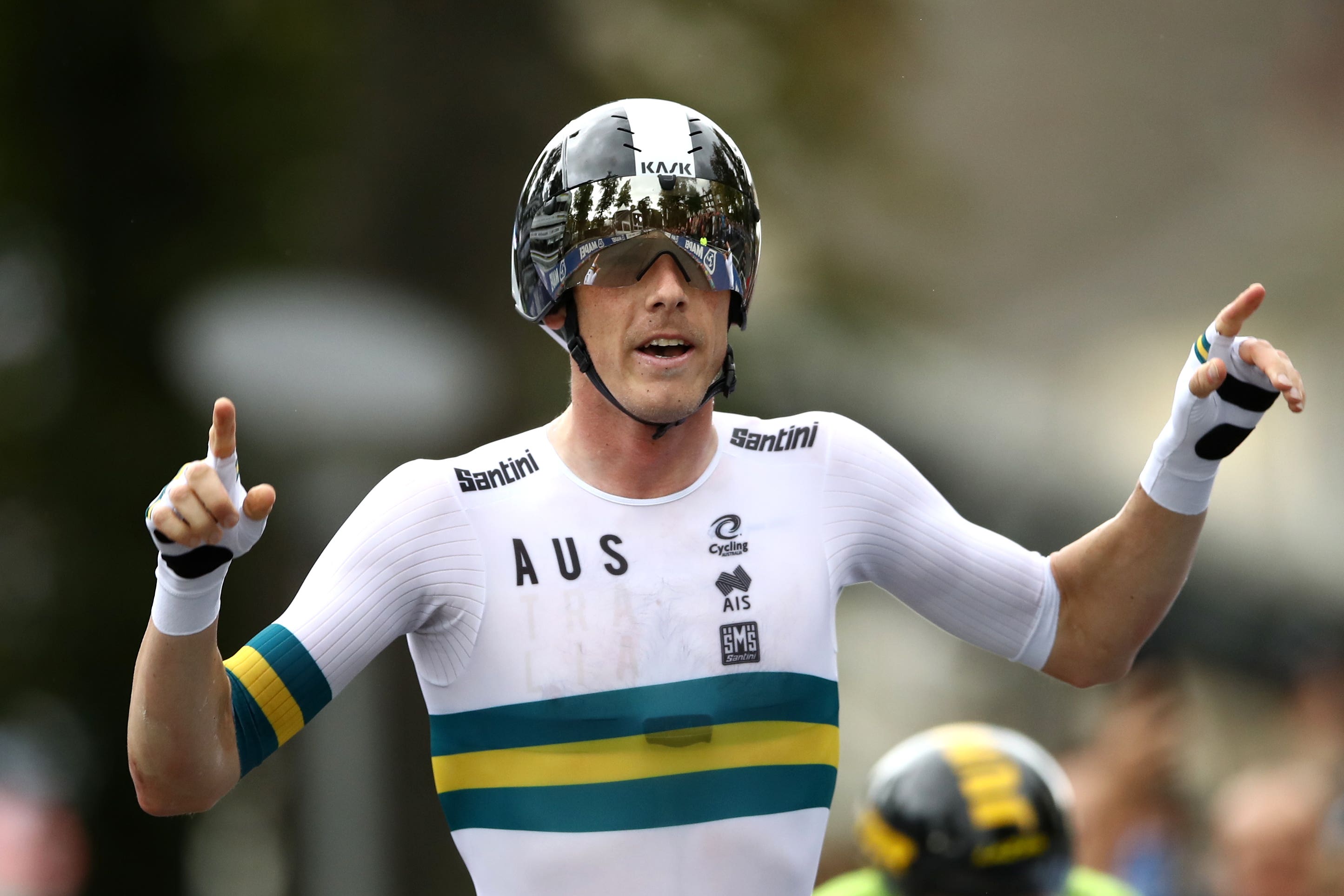 Australia’s Rohan Dennis celebrates winning gold at the 2019 World Championships in Harrogate (PA)