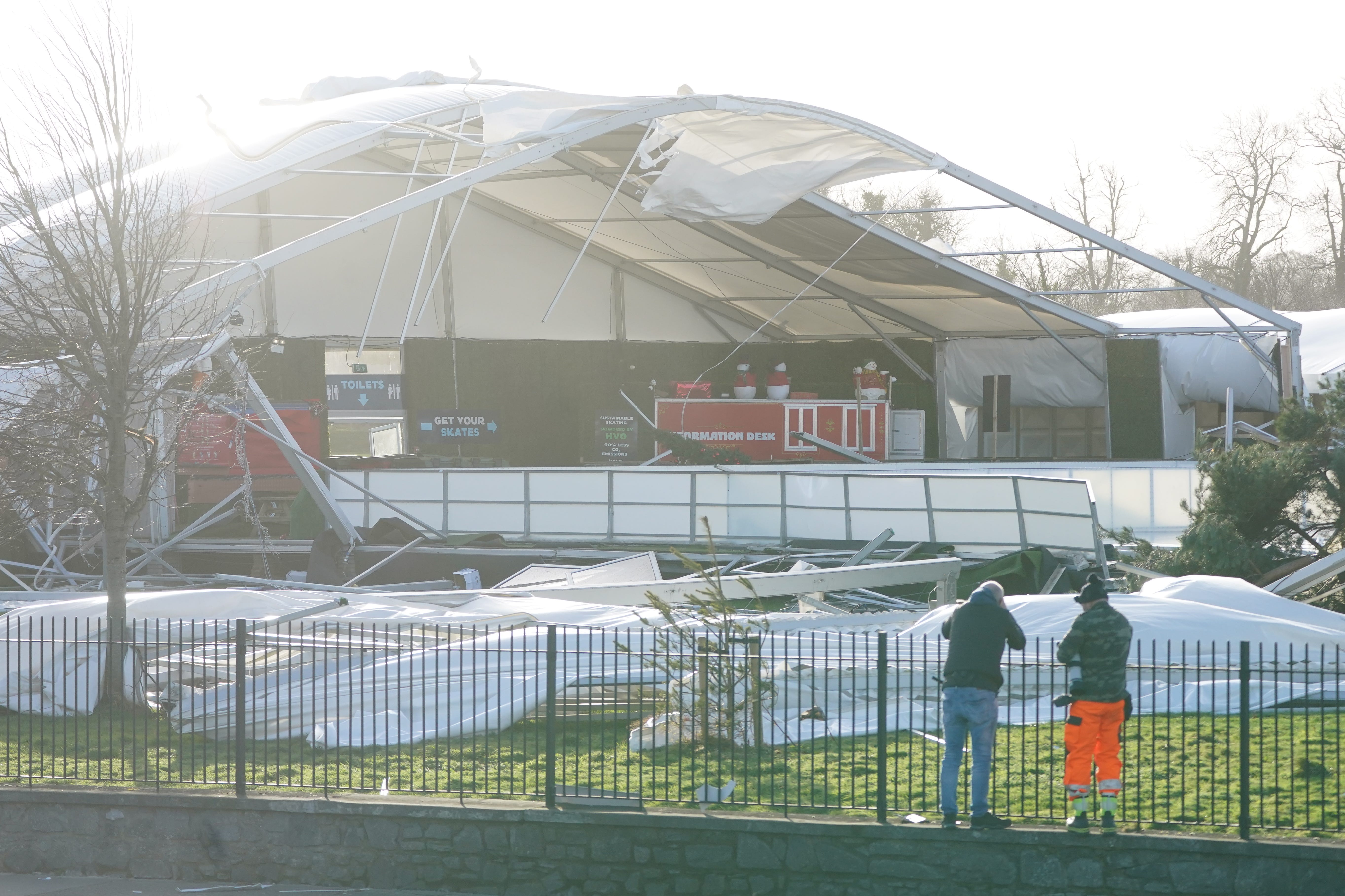 An ice skating facility in Blanchardstown has been destroyed after strong winds tore the structure apart. Residents across Ireland have been urged to stay at home as the entire island braces for the arrival of Storm Eowyn. The top-level red warning for wind is in place in both Northern Ireland and the Republic of Ireland. Picture date: Friday January 24, 2025.