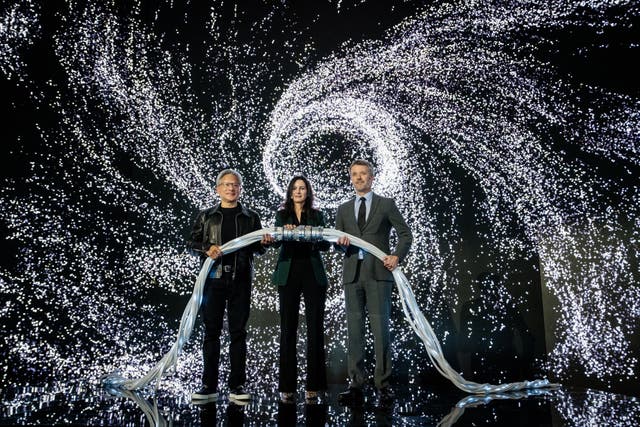 <p>King Frederik X of Denmark (right), CEO and founder of Nvidia Jensen Huang (left), and CEO of the Danish Centre for AI Innovation </p>