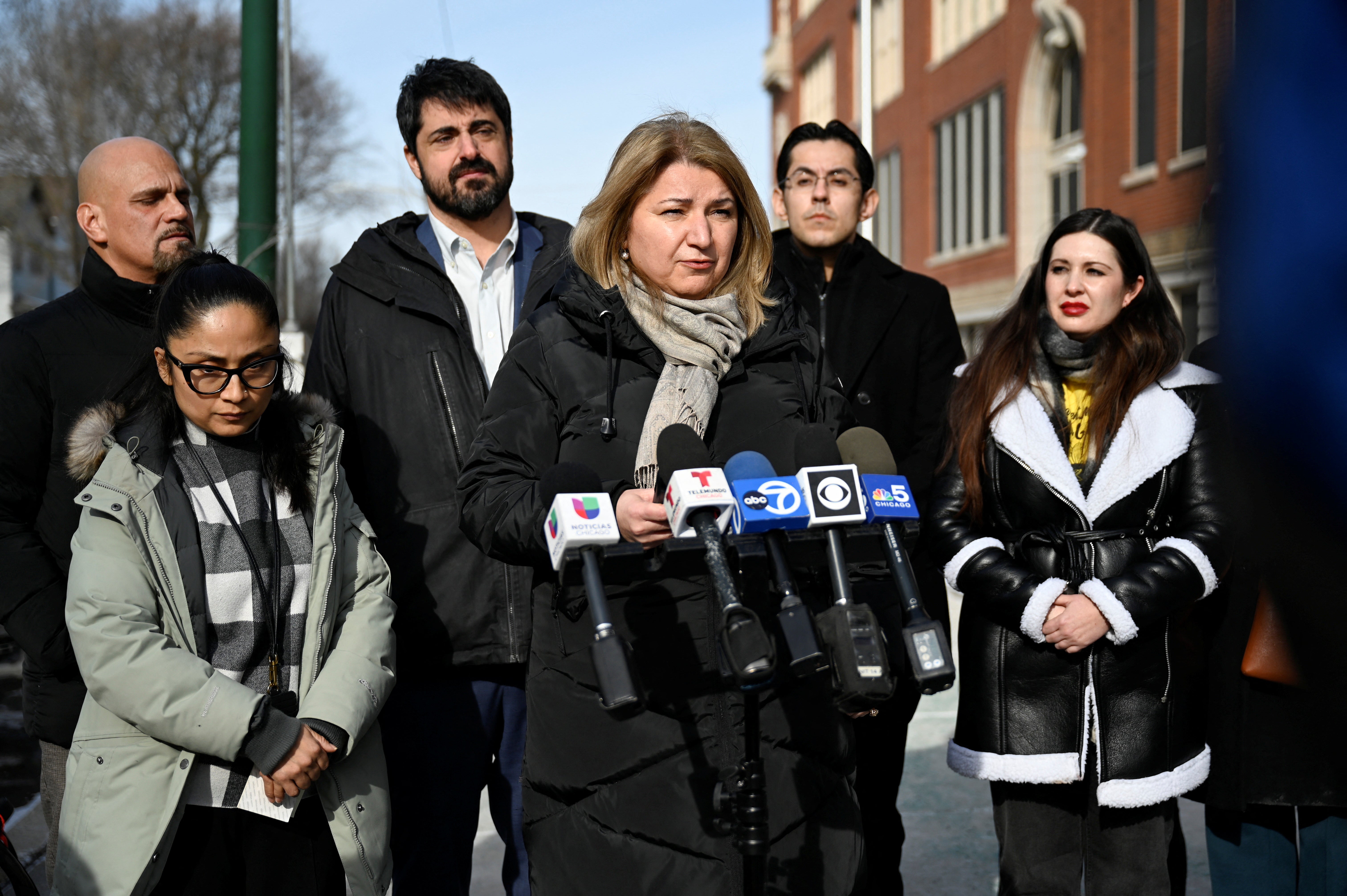 Chicago Public Schools chief education officer Bogdana Chkoumbova speaks to reporters outside Hamline Elementary School on January 24