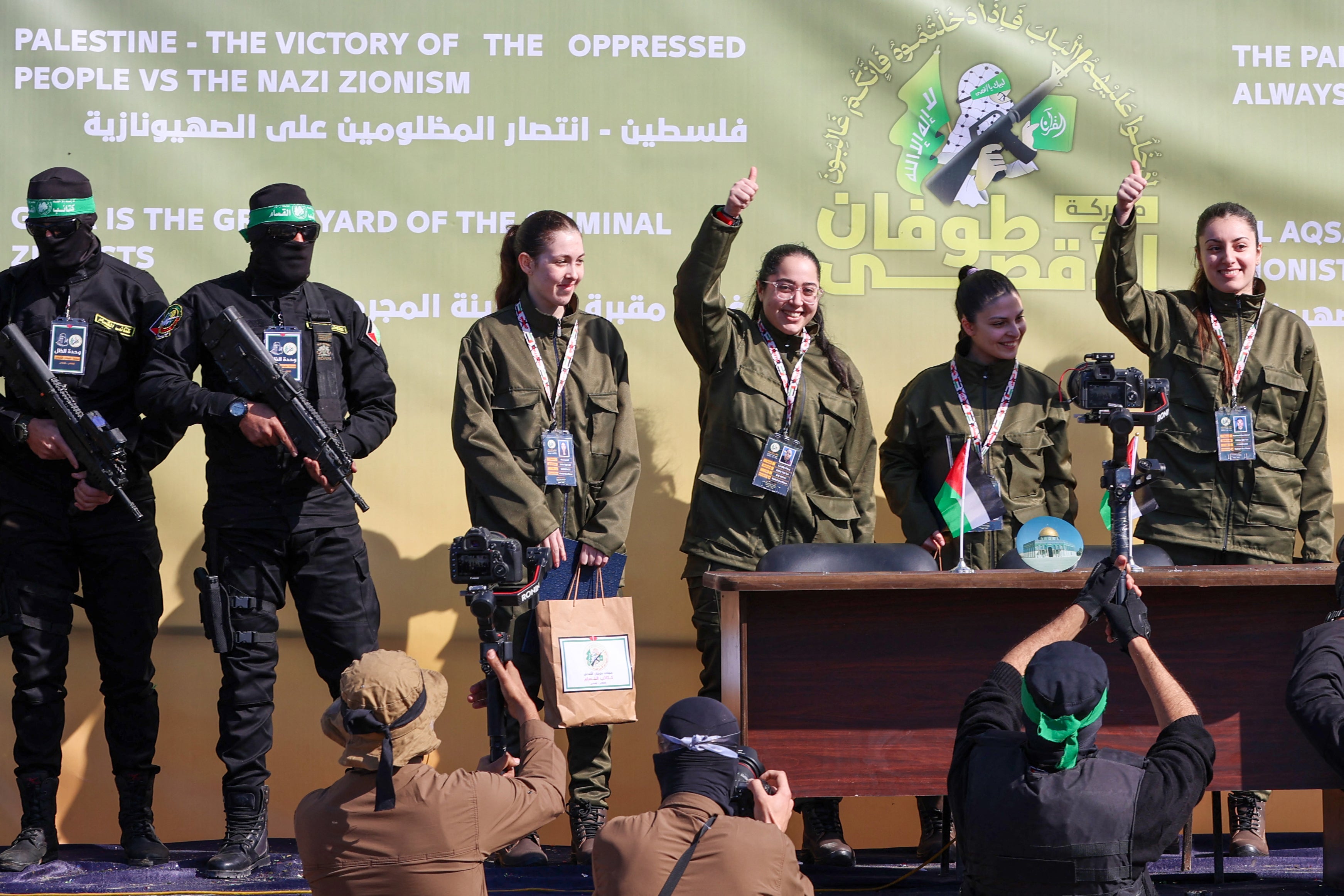 Female Israeli soldiers Karina Ariev, Daniella Gilboa, Naama Levy and Liri Albag were released as part of the first stage