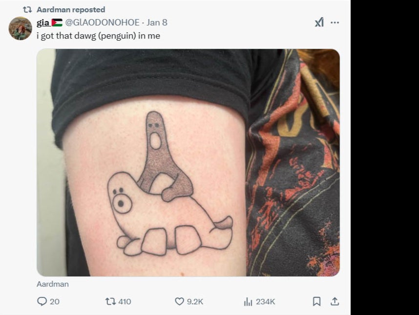Wallace and Gromit creators Aardman reposted Gia O'Donohoe's X post about her tattoo of Feathers McGraw