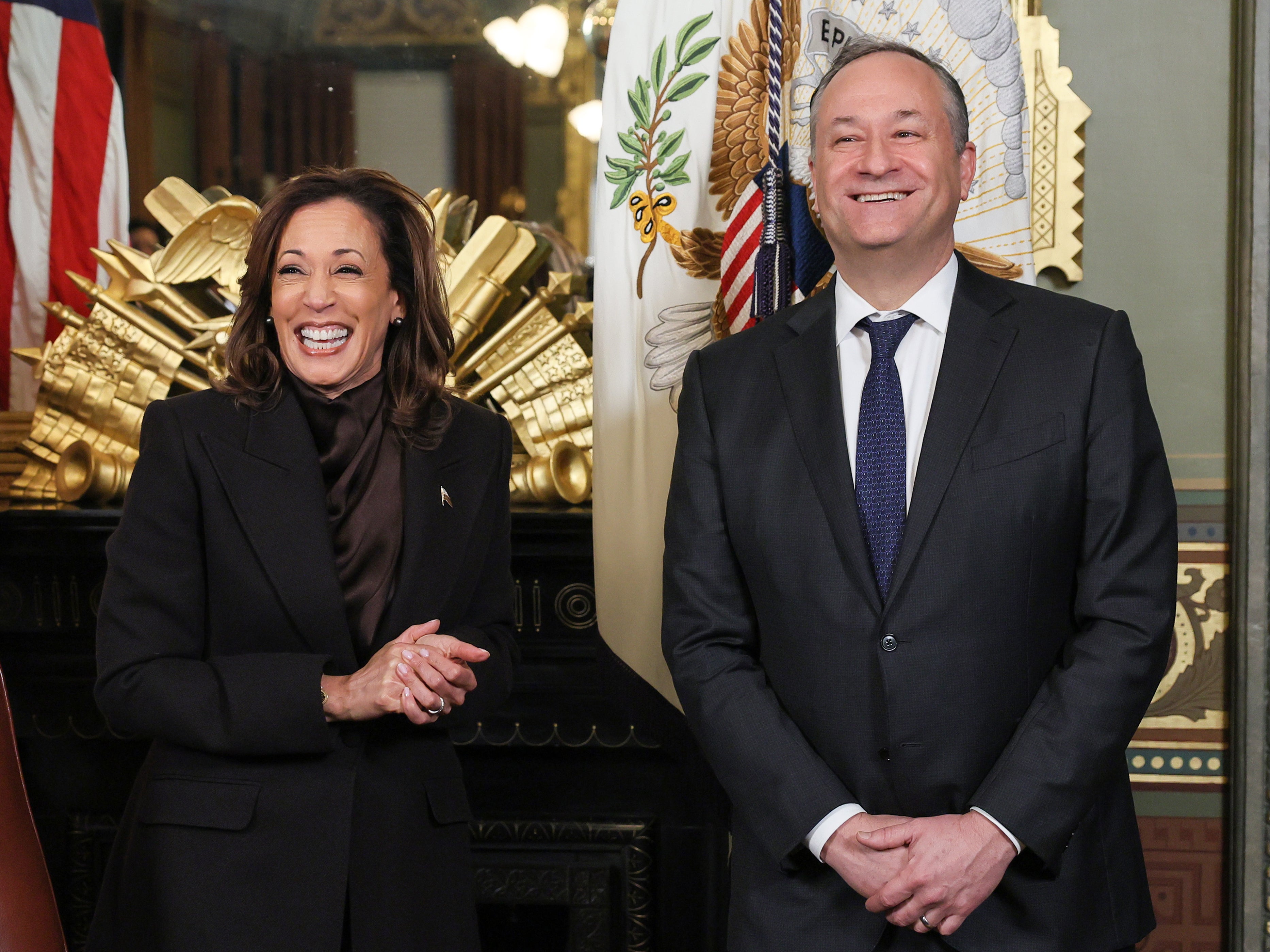 Vice President Kamala Harris and Second Gentleman Doug Emhoff in early 2025. Emhoff reportedly took the brunt of Reiner’s anger over Biden’s debate performance.