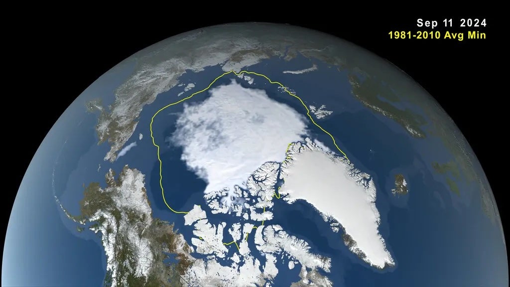 This image, taken from a data visualization, shows the Arctic sea ice minimum extent on September 11, 2024. The yellow boundary shows the minimum extent averaged over the 30-year period from 1981 to 2010. The Earth’s ice helps reflect sunlight back towards space. Loss of sea ice increases heat in the Arctic. Now, scientists have found that the rate of the ocean’s warming has more than quadrupled over the past four decades, and the Earth’s energy imbalance is partially to blame