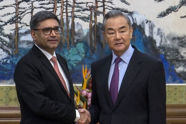 <p>Indian foreign secretary Vikram Misri with Chinese foreign minister Wang Yi in Beijing</p>