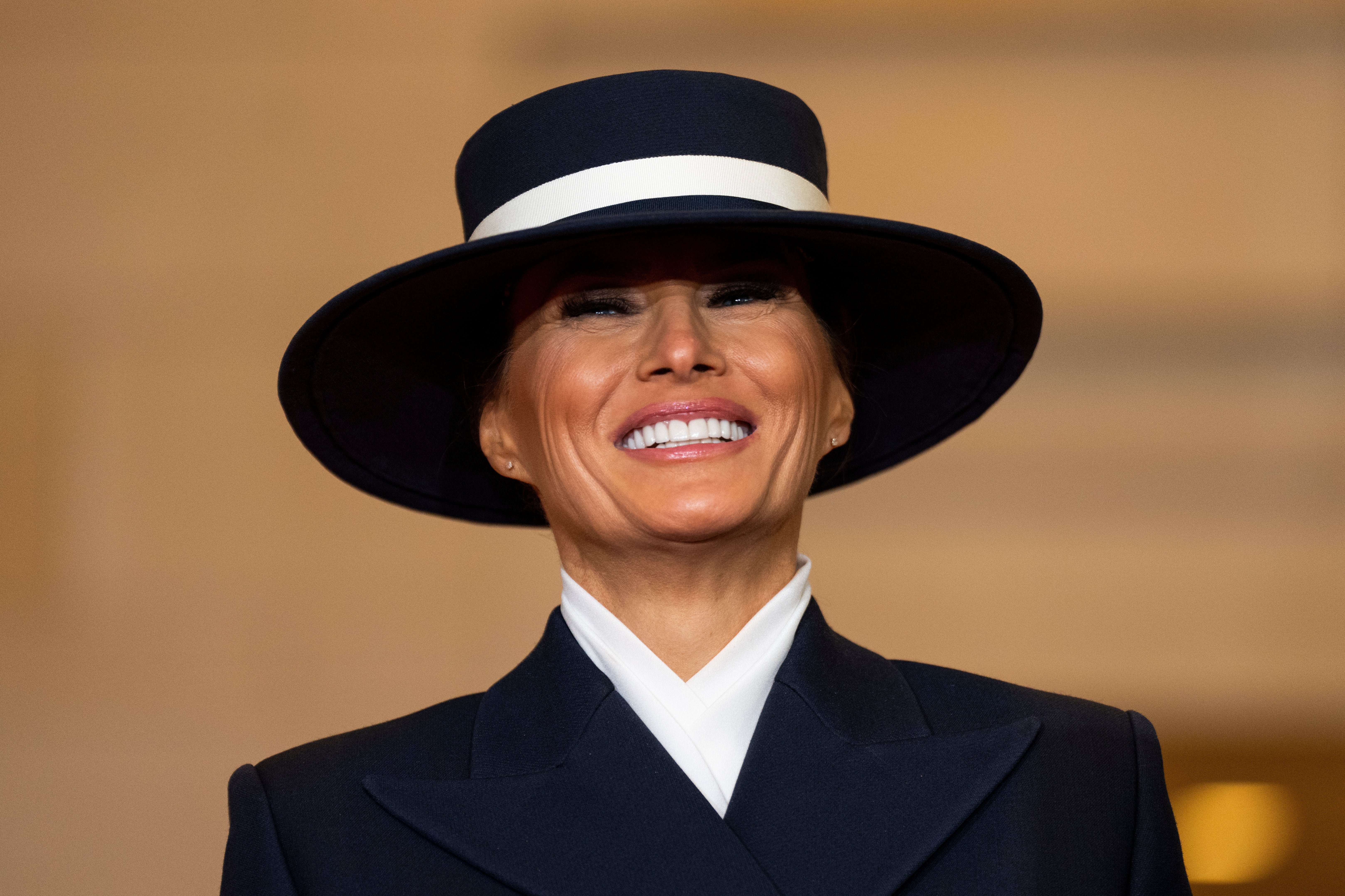 Melania wore a similarly wide-brimmed hat to her husband’s inauguration in January