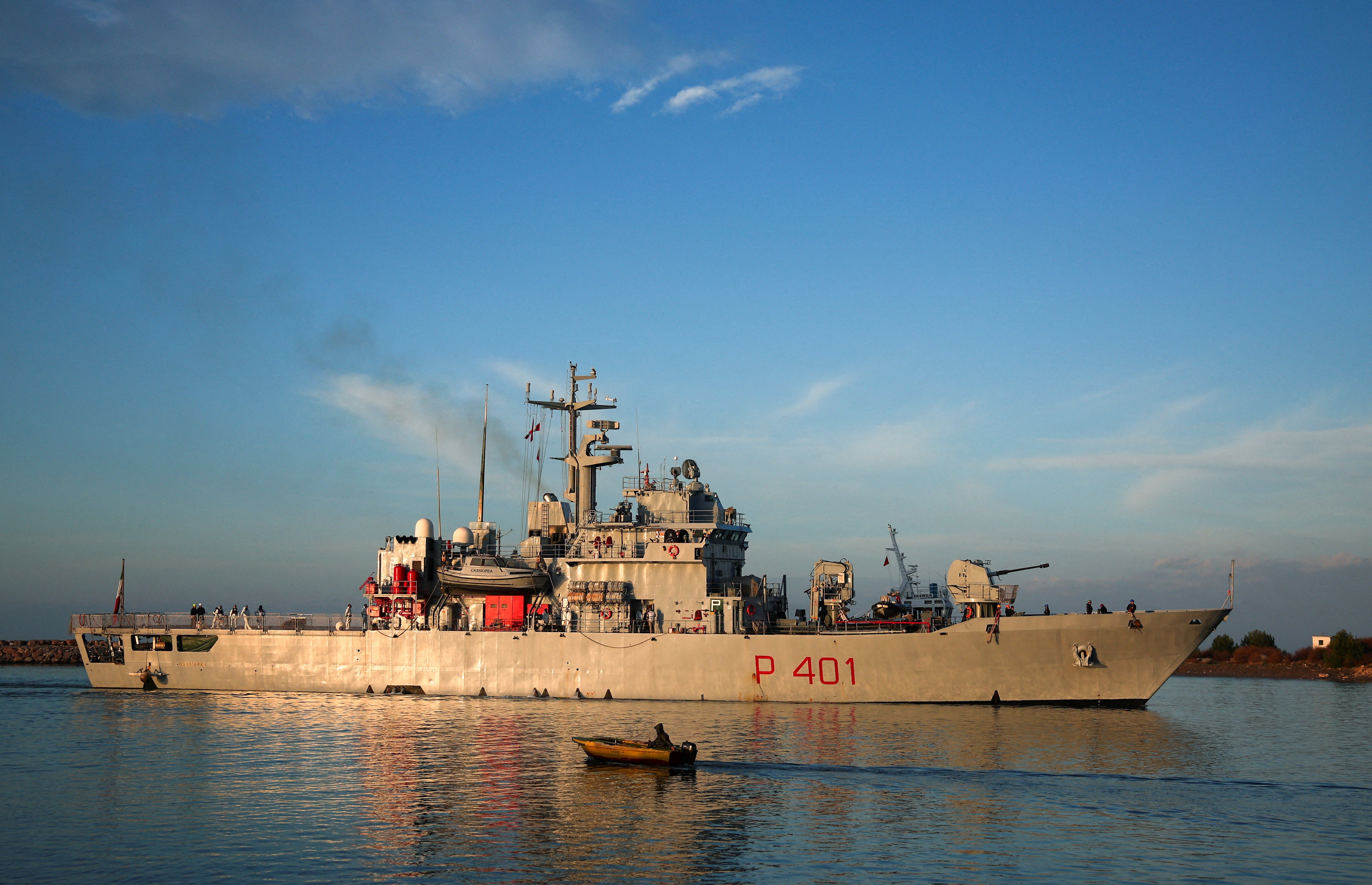 Italian navy ship Cassiopea, carrying migrants as part of a deal with Italy to process thousands of asylum-seekers caught near Italian waters