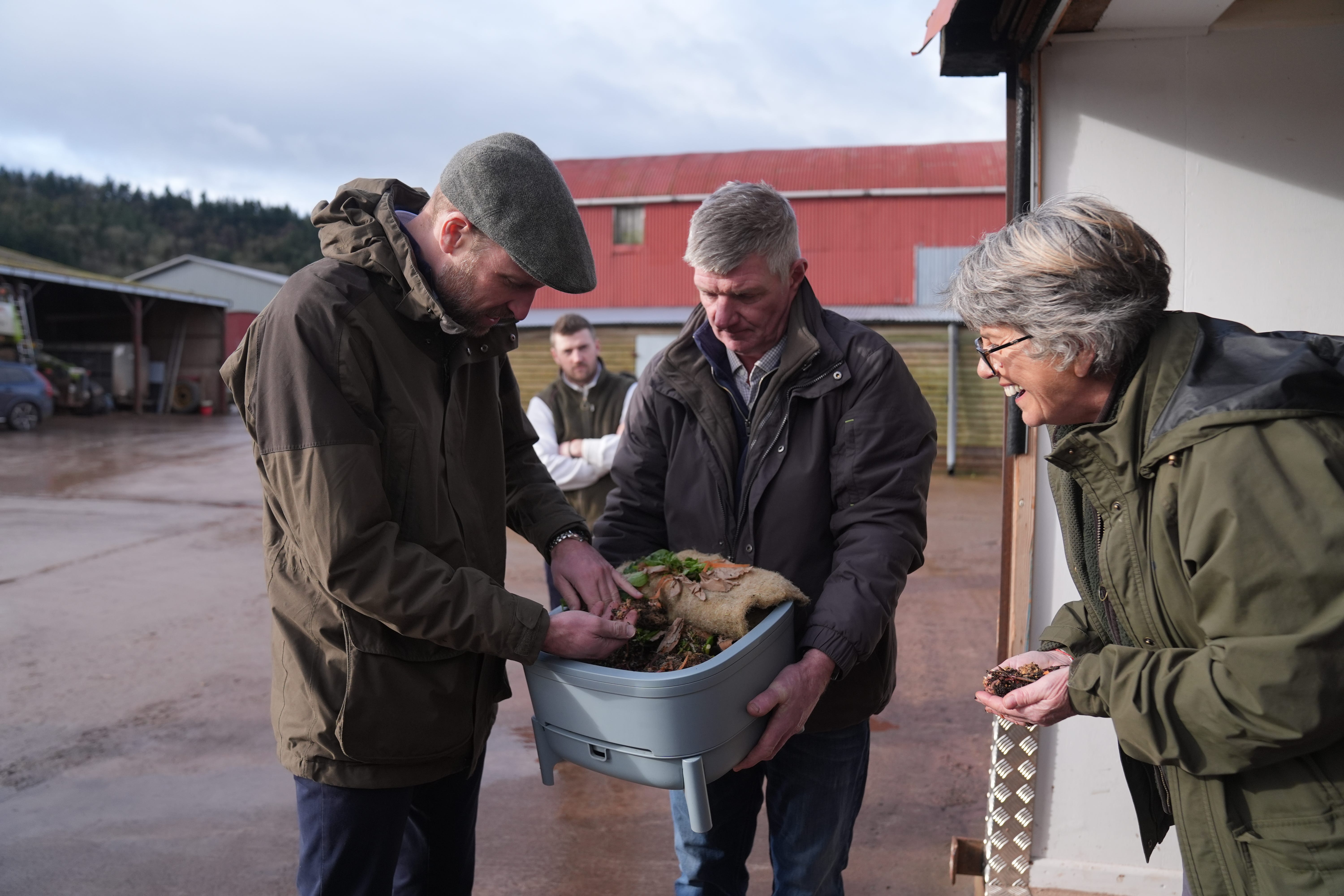 The Prince of Wales is shown worm composting during his visit to Lower Blakemere Farm in Herefordshire (Jacob King/PA)