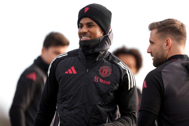 <p>Marcus Rashford and Luke Shaw during a Manchester United training session on Wednesday morning (Martin Rickett/PA)</p>