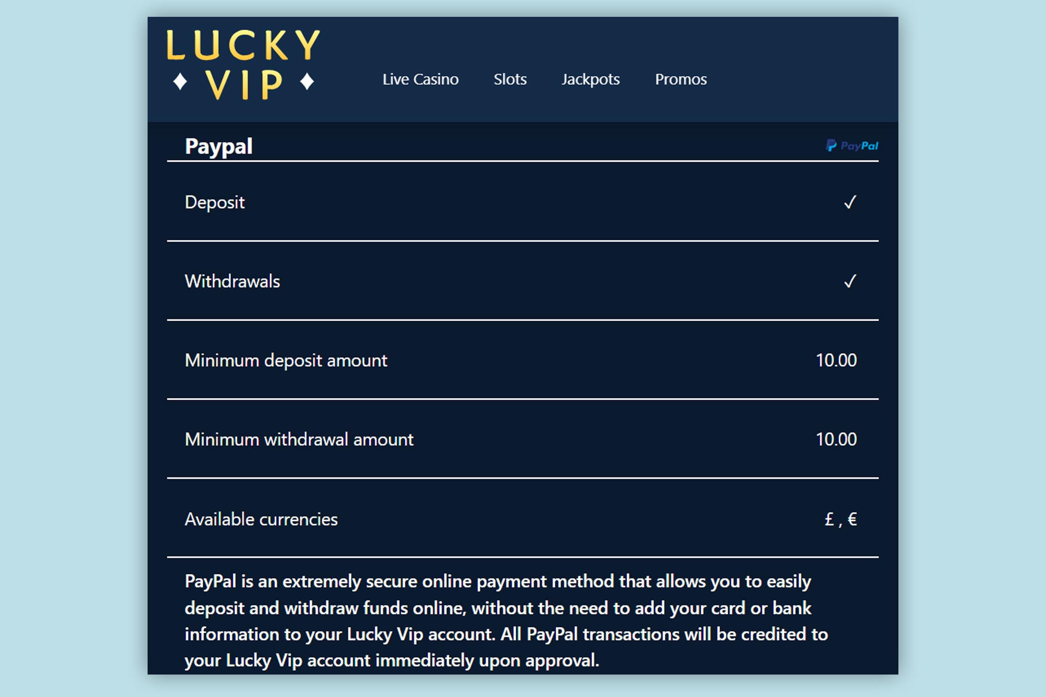 PayPal ticks all the right boxes on Lucky VIP Casino