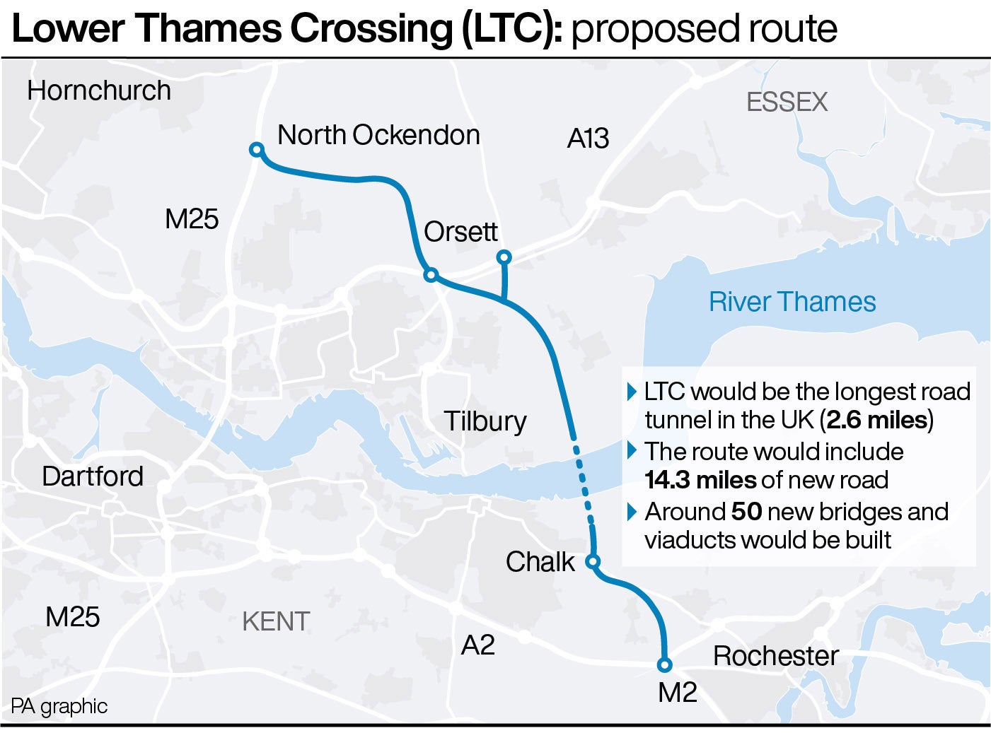 The proposed route of the Lower Thames Crossing