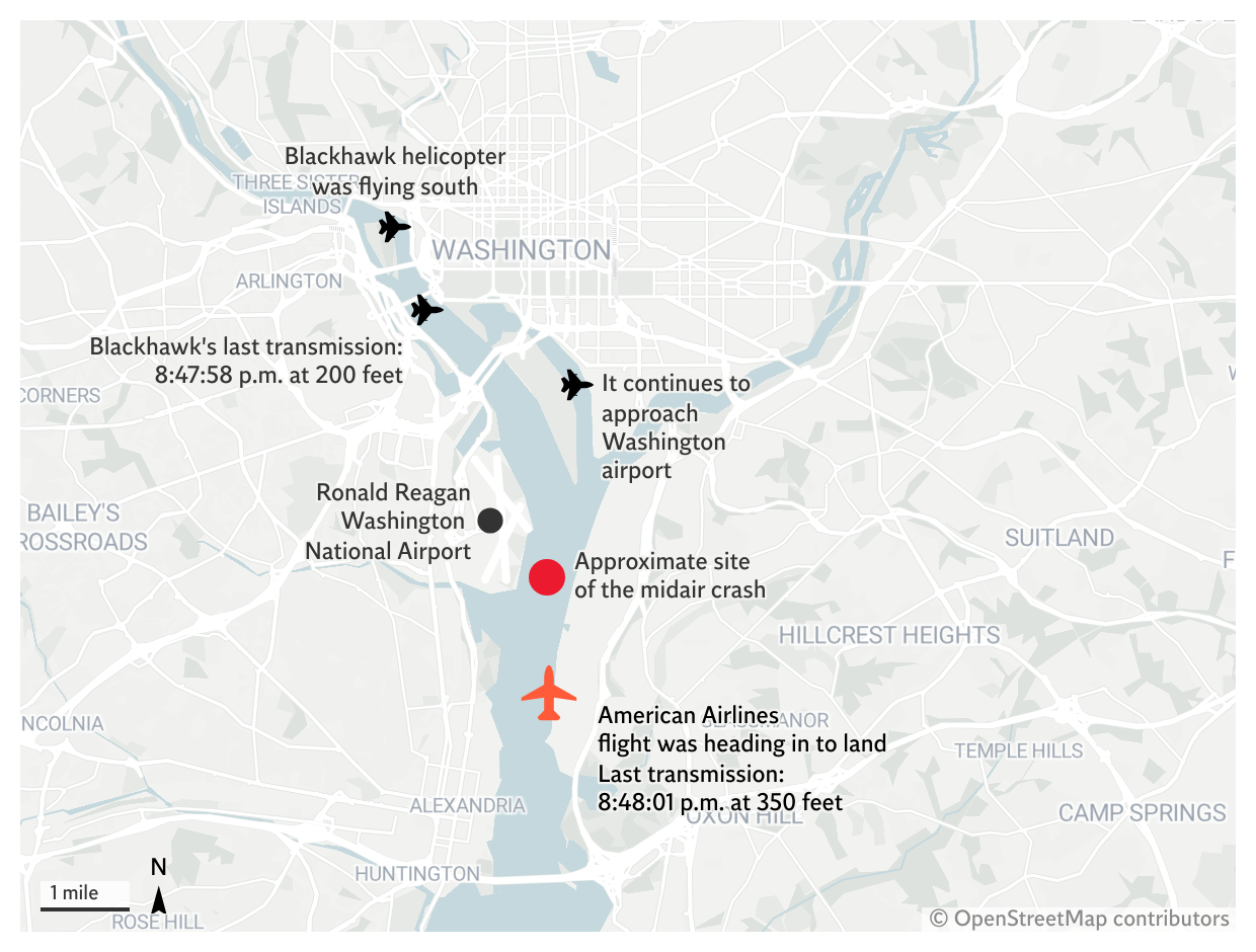 Mapped: an American Airlines plane collides with US Army helicopter near DC airport.