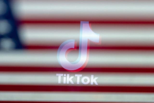 <p>The TikTok logo reflected in an image of the US flag, in Washington, DC, on 16 March, 2023</p>