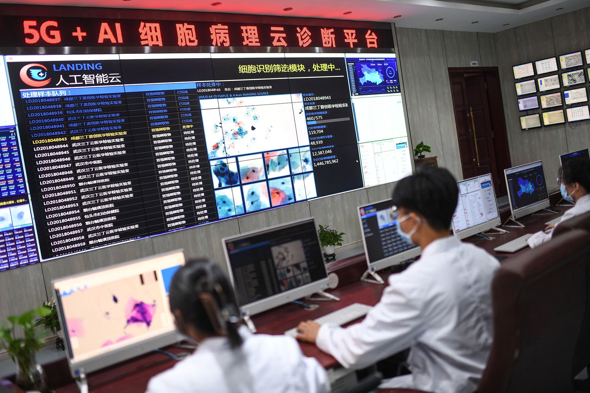 <p>Lab technicians conducting AI-based cervical cancer screenings at a test facility in Wuhan</p>