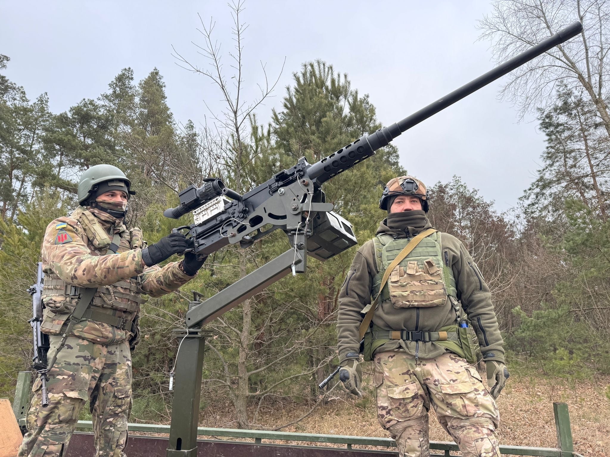 These Ukrainian troops rely on Turkish made .50 calibre heavy machine-guns, mounted on farm trailers towed by a pickup trucks to shoot down Russian drones