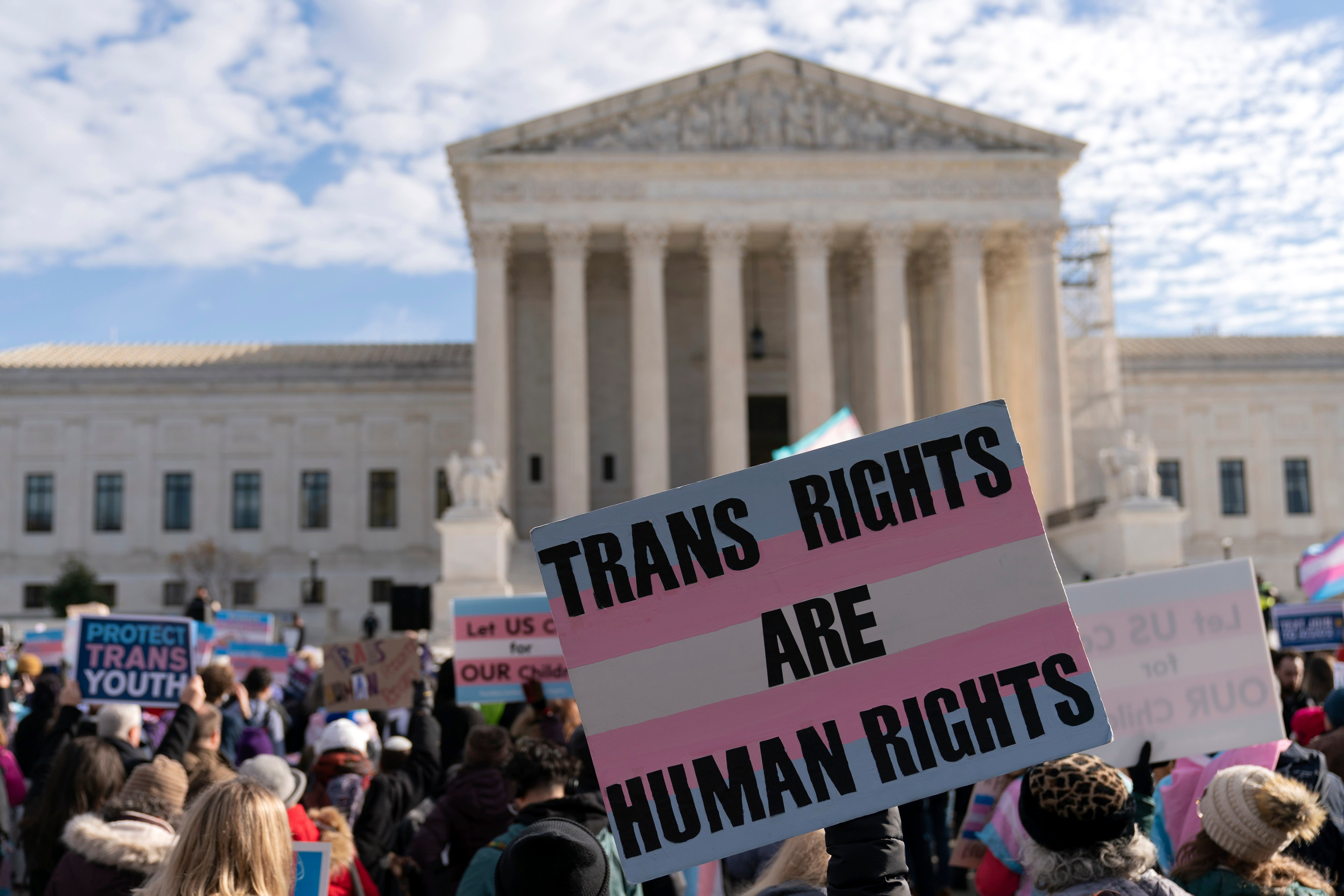 Transgenders rights supporters rally outside of the Supreme Court, Wednesday, Dec. 4, 2024, in Washington