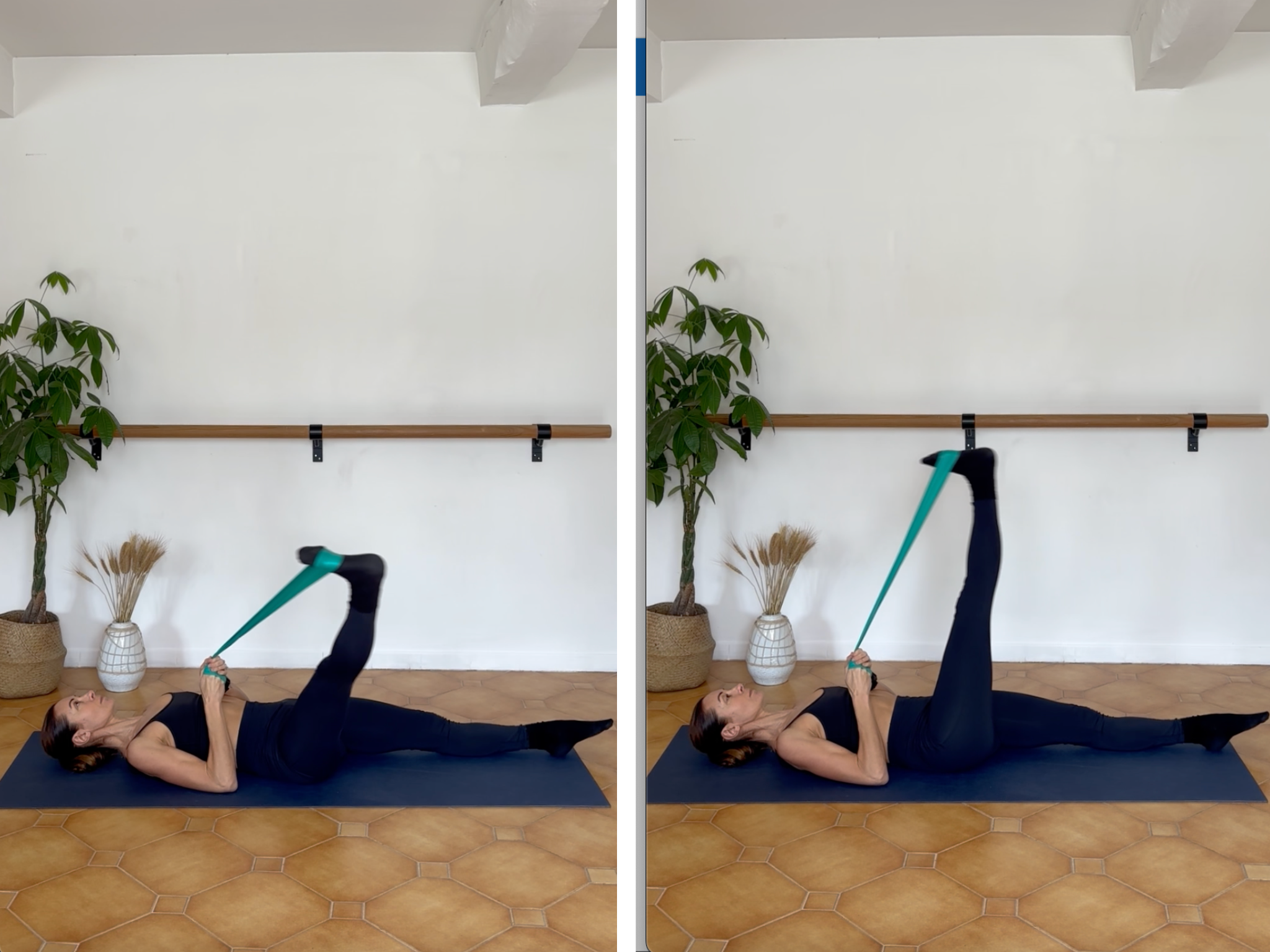 Nathalie performing a leg circle with a resistance band