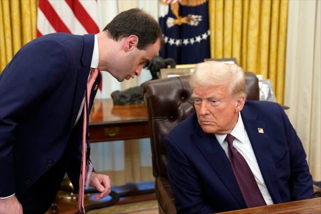 <p>White House staff secretary Will Scharf talks with President Donald Trump after he signed executive order</p>