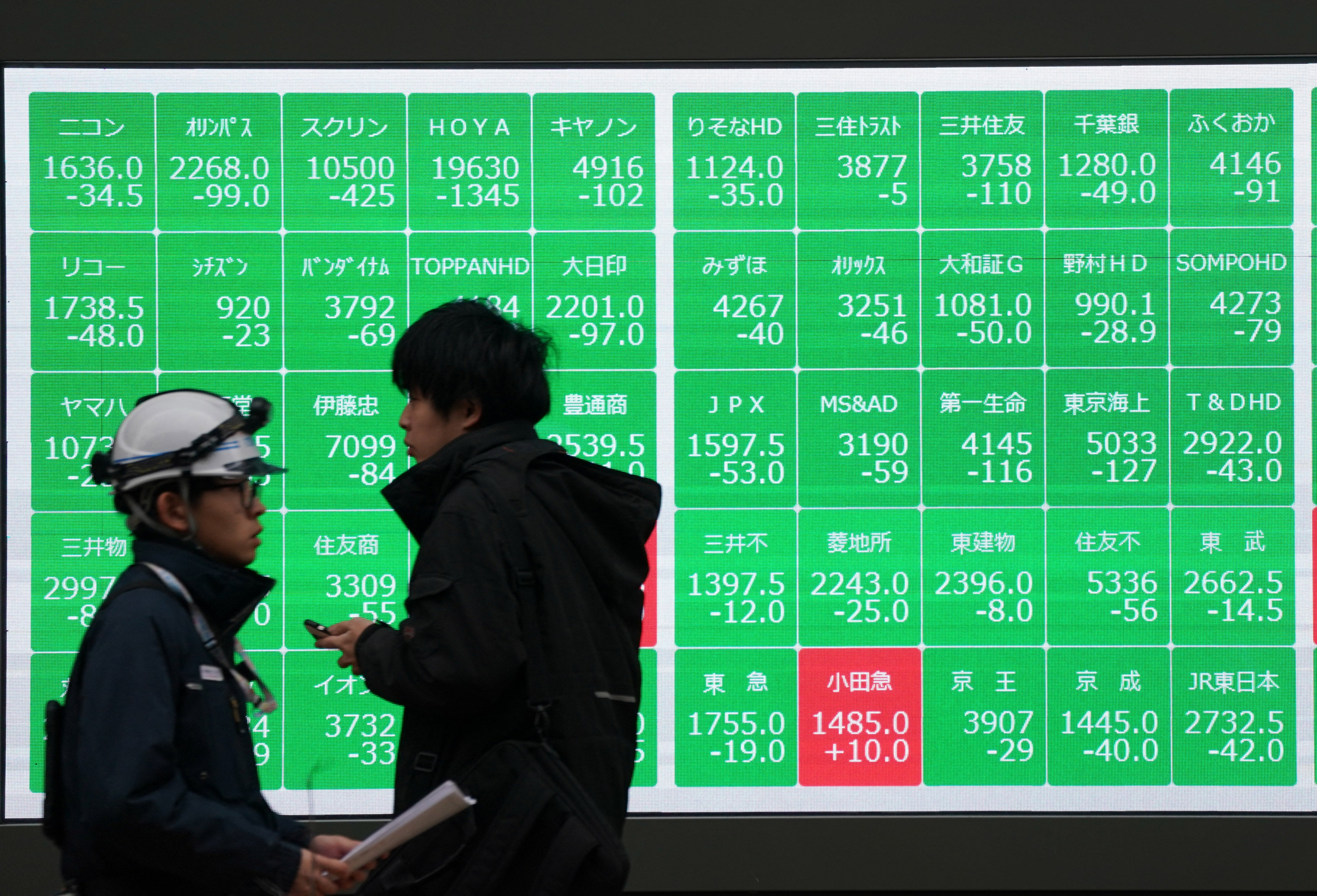 Pedestrians walk past a board showing the Nikkei 225 index on the Tokyo Stock Exchange on 3 February 2025