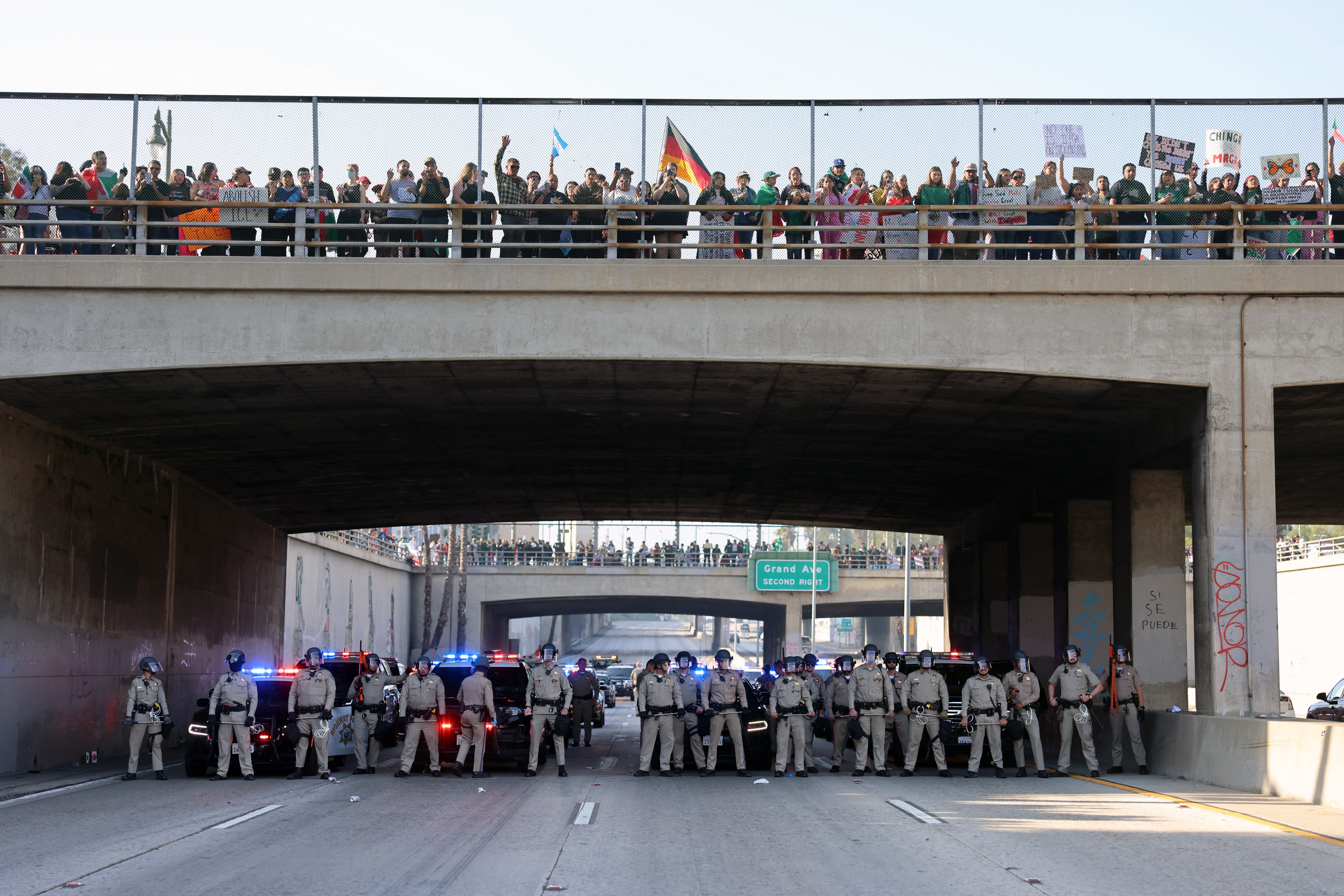 The LAPD response as protesters block the Santa Ana Freeway during a demonstration in support of immigrants in Los Angeles, California, on 2 February
