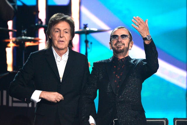 <p>Paul McCartney and Ringo Starr at the 56th GRAMMY in 2014</p>