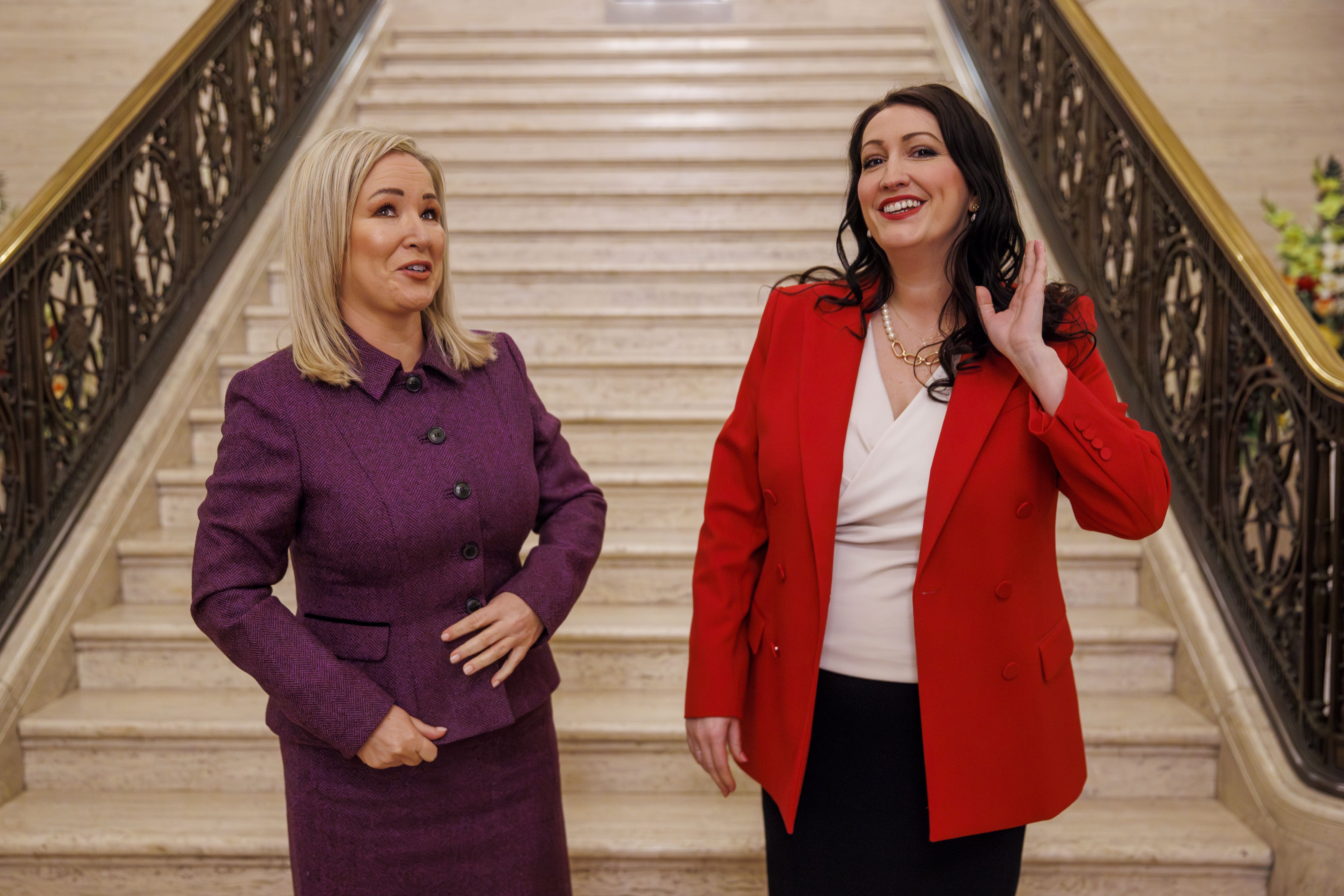 First Minister Michelle O’Neill (left) and deputy First Minister Emma Little-Pengelly reflecting on one-year anniversary of the return of the institutions at Stormont (Liam McBurney/PA)