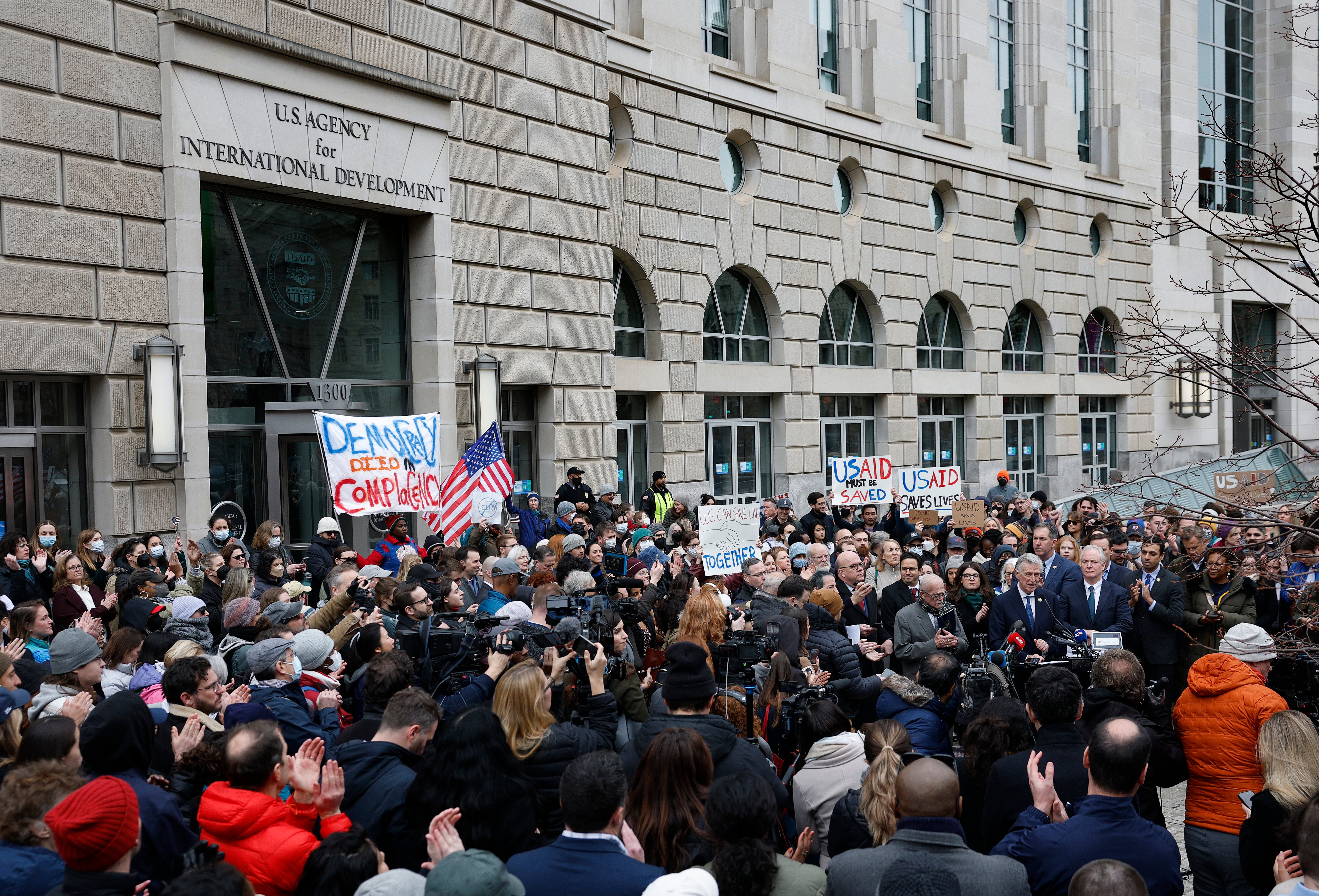 Democratic lawmakers and employees and supporters of U.S. Agency for International Development held a press conference outside the agency’s headquarters in Washington, D.C.