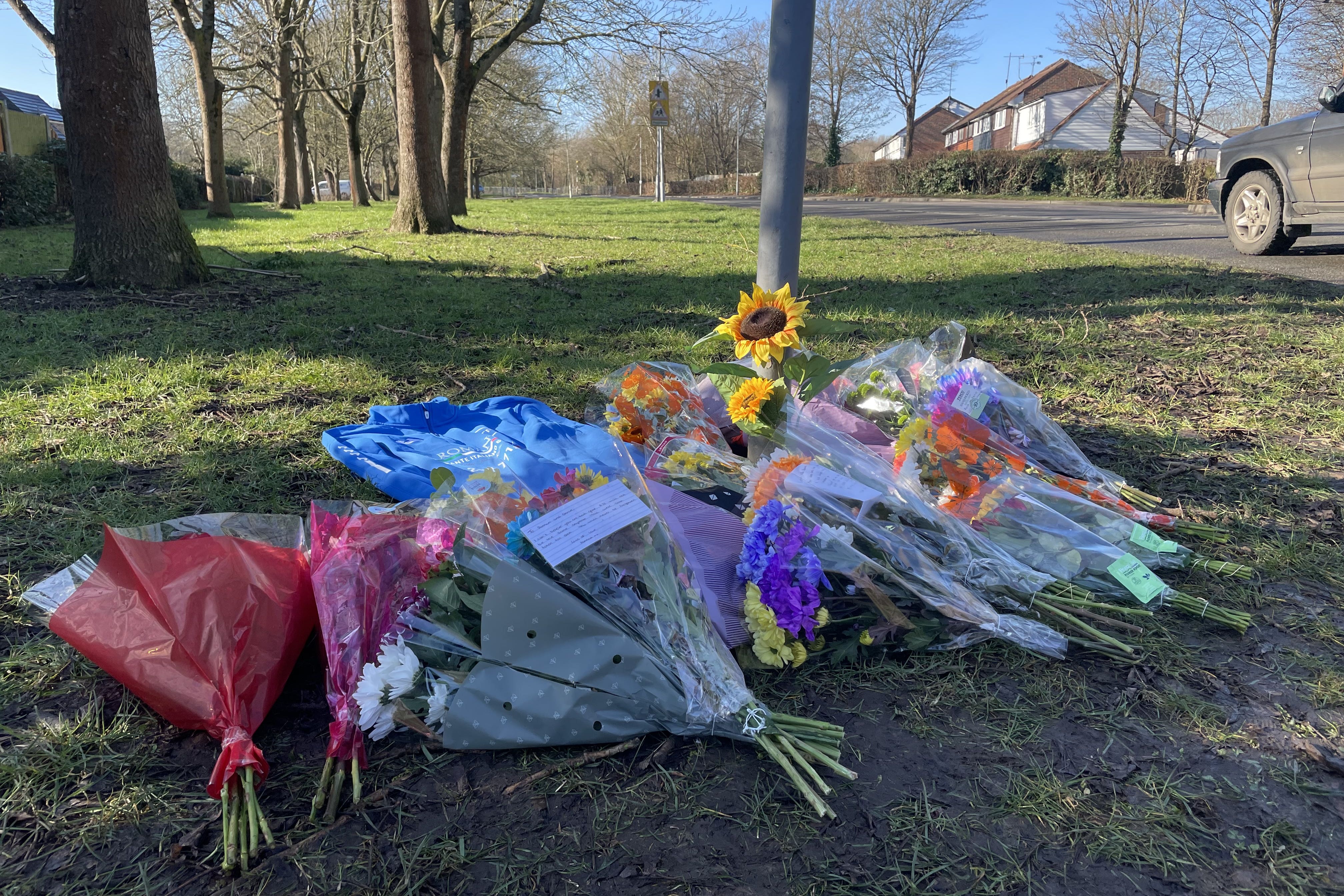 Flowers left near to the scene of a collision where two children died in Pitsea, Essex (Rosie Shead/ PA)