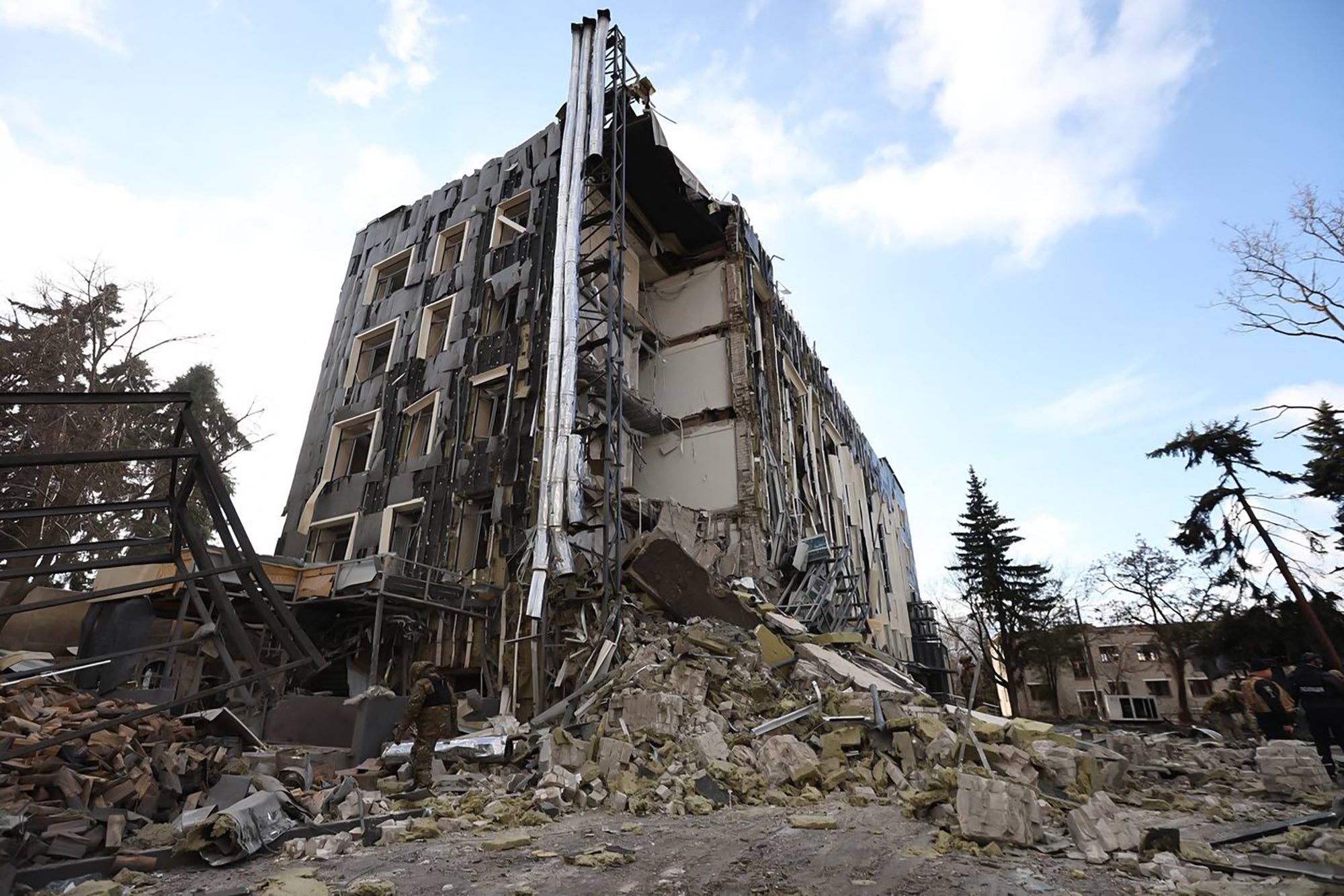 The site of a February attack in Izyum, the city where the aid worker was later killed