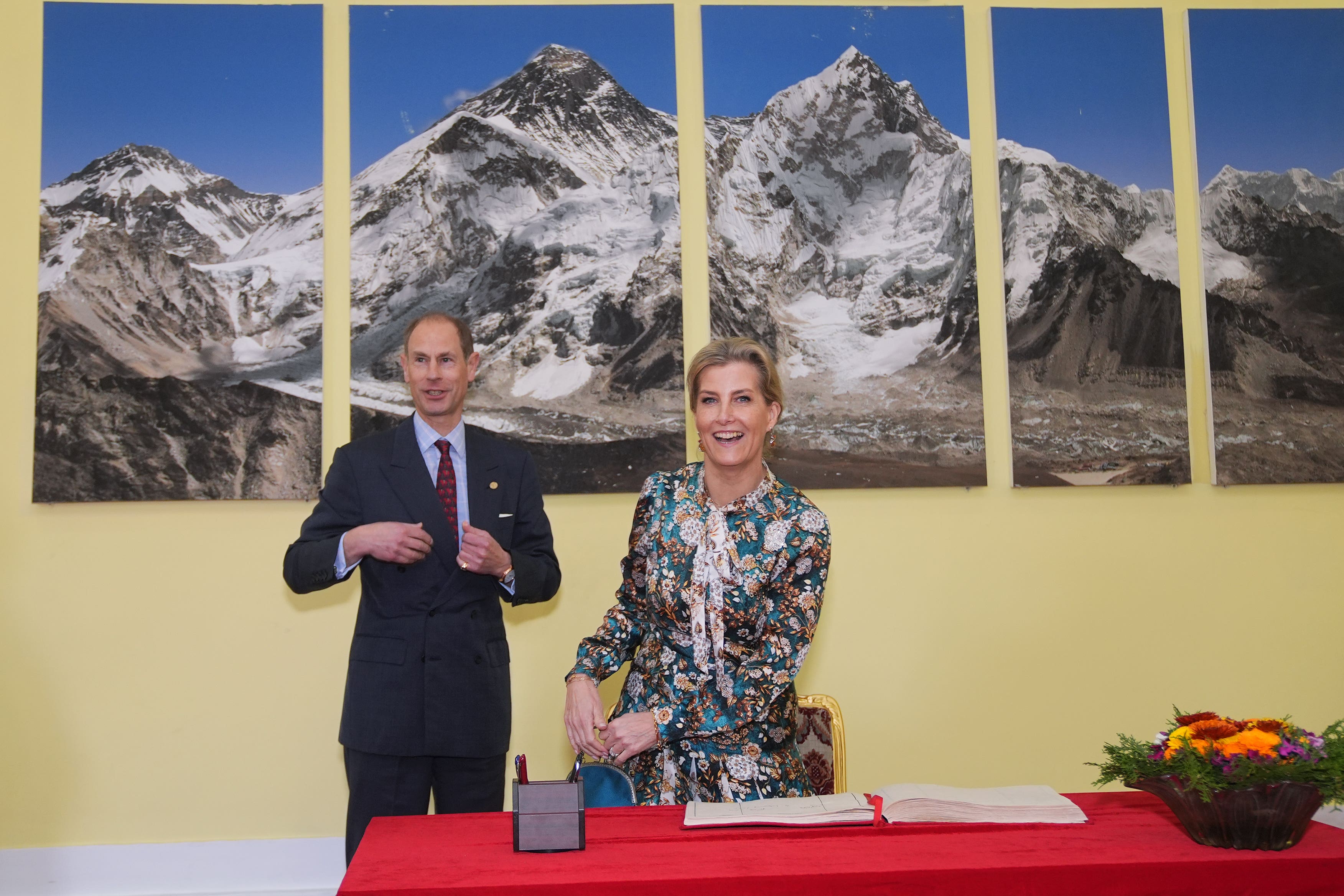 The Duke and Duchess of Edinburgh after signing the visitors book at the Presidential Palace in Maharajgunj, Kathamnadu (Yui Mok/PA)