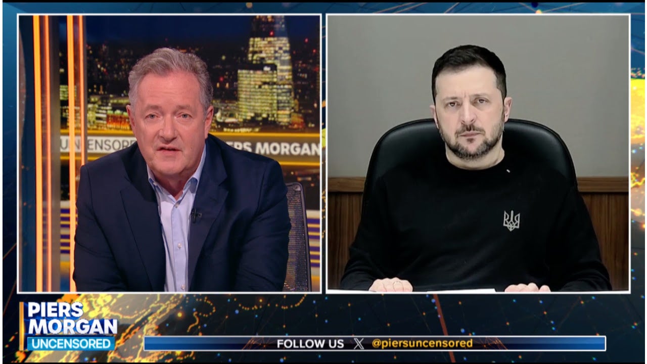 Ukraine President Volodymyr Zelensky tells Piers Morgan that Tucker Carlson should "stop licking" Vladimir Putin's "a**" and "stop working" for the Russian president.