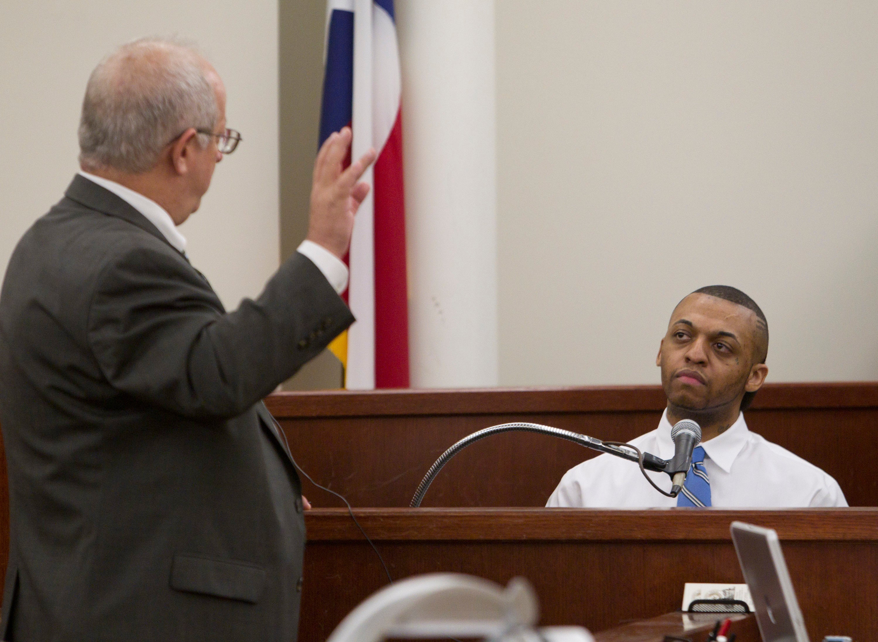 Steven Lawayne Nelson takes the witness stand to testify in his own defense in his capital murder trial in October 2012
