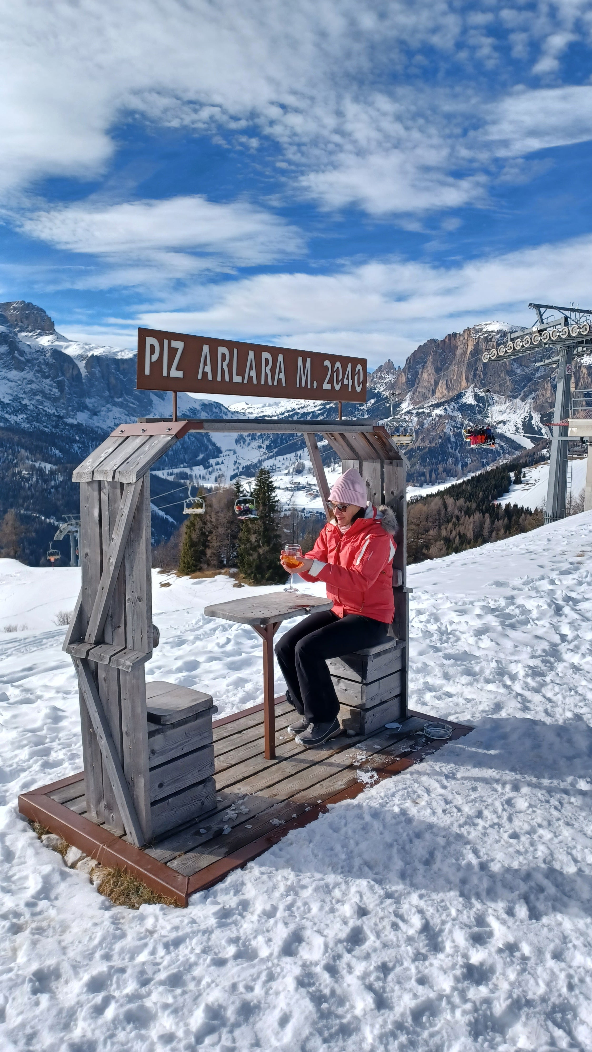 Enjoying an Aperol spritz before lunch at Piz Arlara