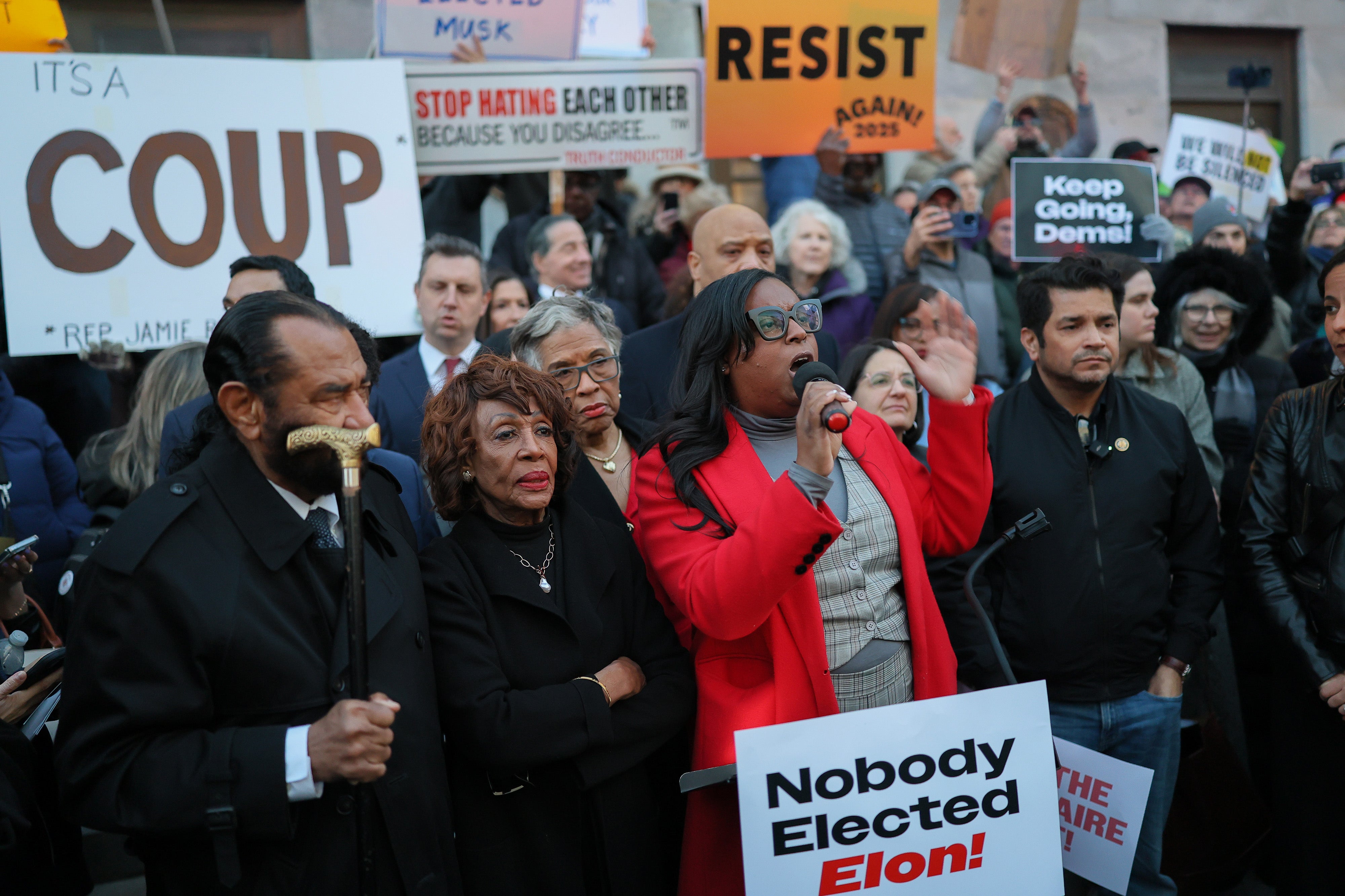 U.S. Rep. LaMonica McIver (D-NJ) speaks during the We Choose To Fight: Nobody Elected Elon rally at the U.S. Department Of The Treasury on February 4