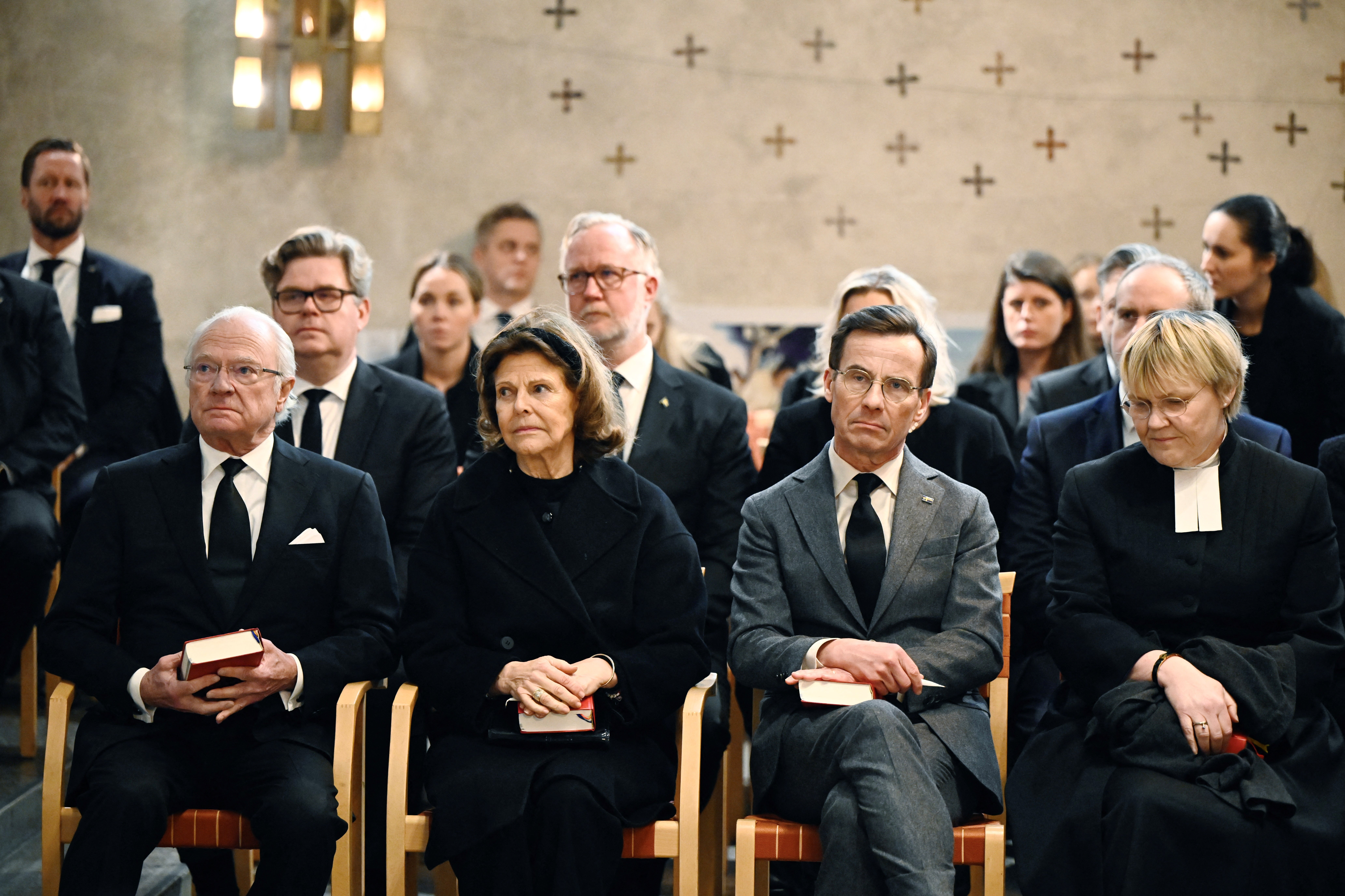 From left to right: King Carl Gustaf and Queen Silvia, prime minister Ulf Kristersson and his wife, Birgitta Ed