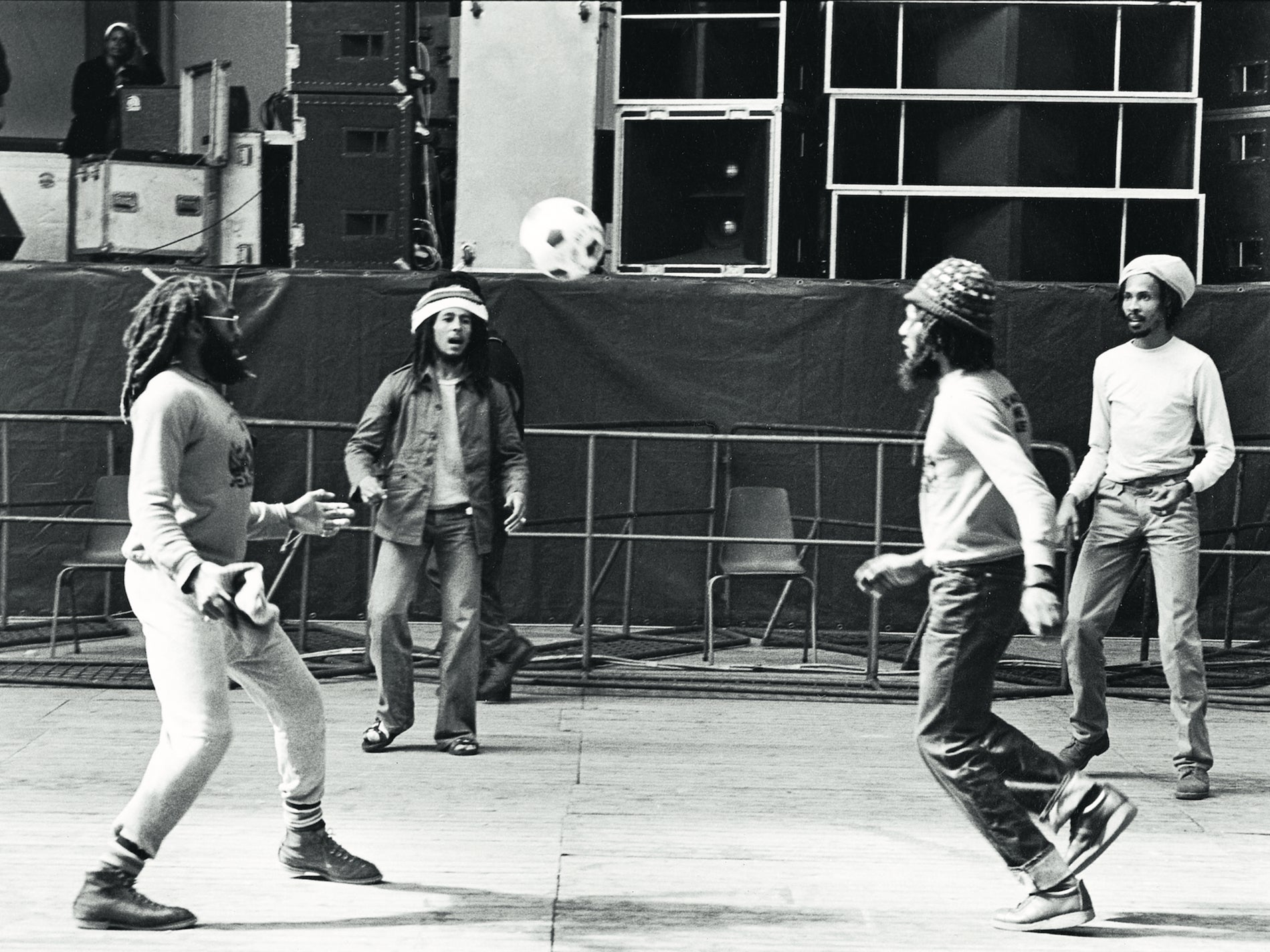 Bob Marley and The Wailers playing football during a soundcheck