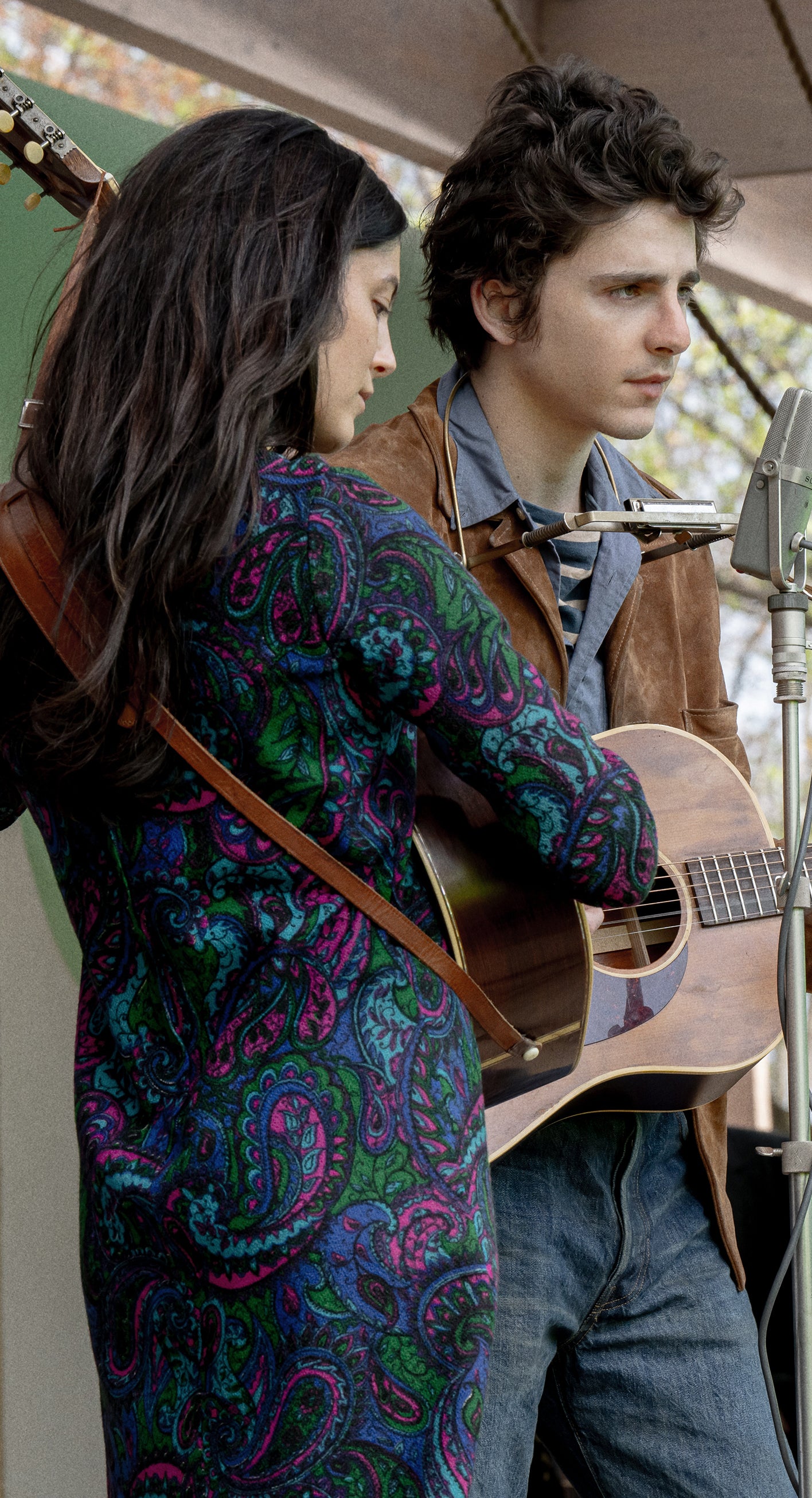 Monica Barbaro, playing Joan Baez, and Timothée Chalamet in ‘A Complete Unknown’