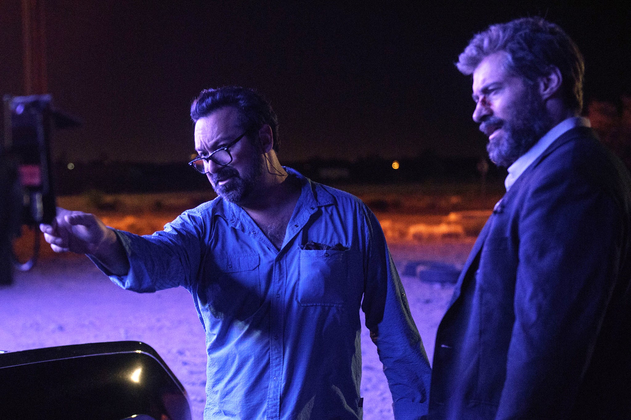 Mangold and Hugh Jackman on the set of ‘Logan’