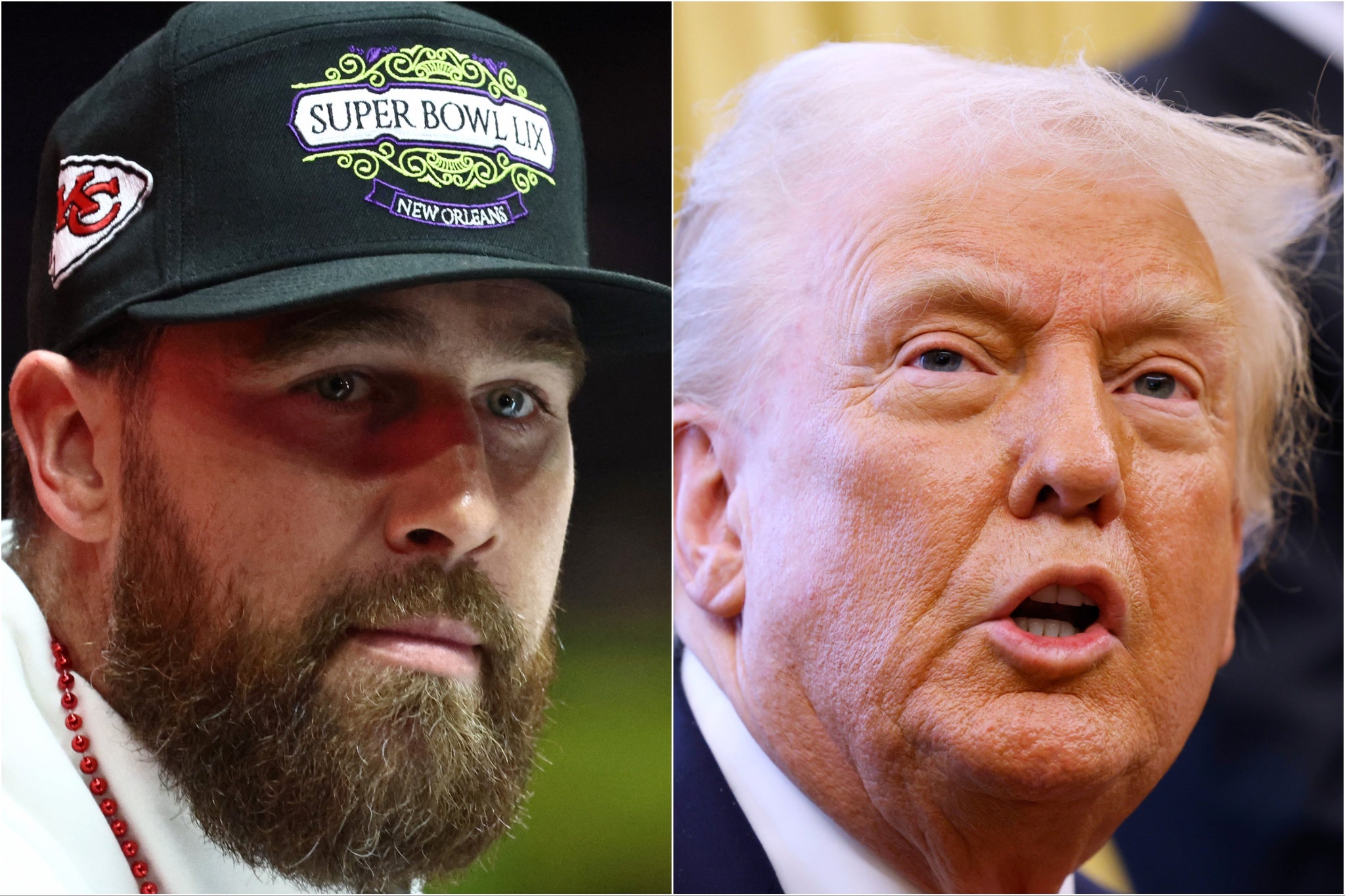 Travis Kelce (left) spoke about Donald Trump attending this year’s Super Bowl at a press conference on Wednesday