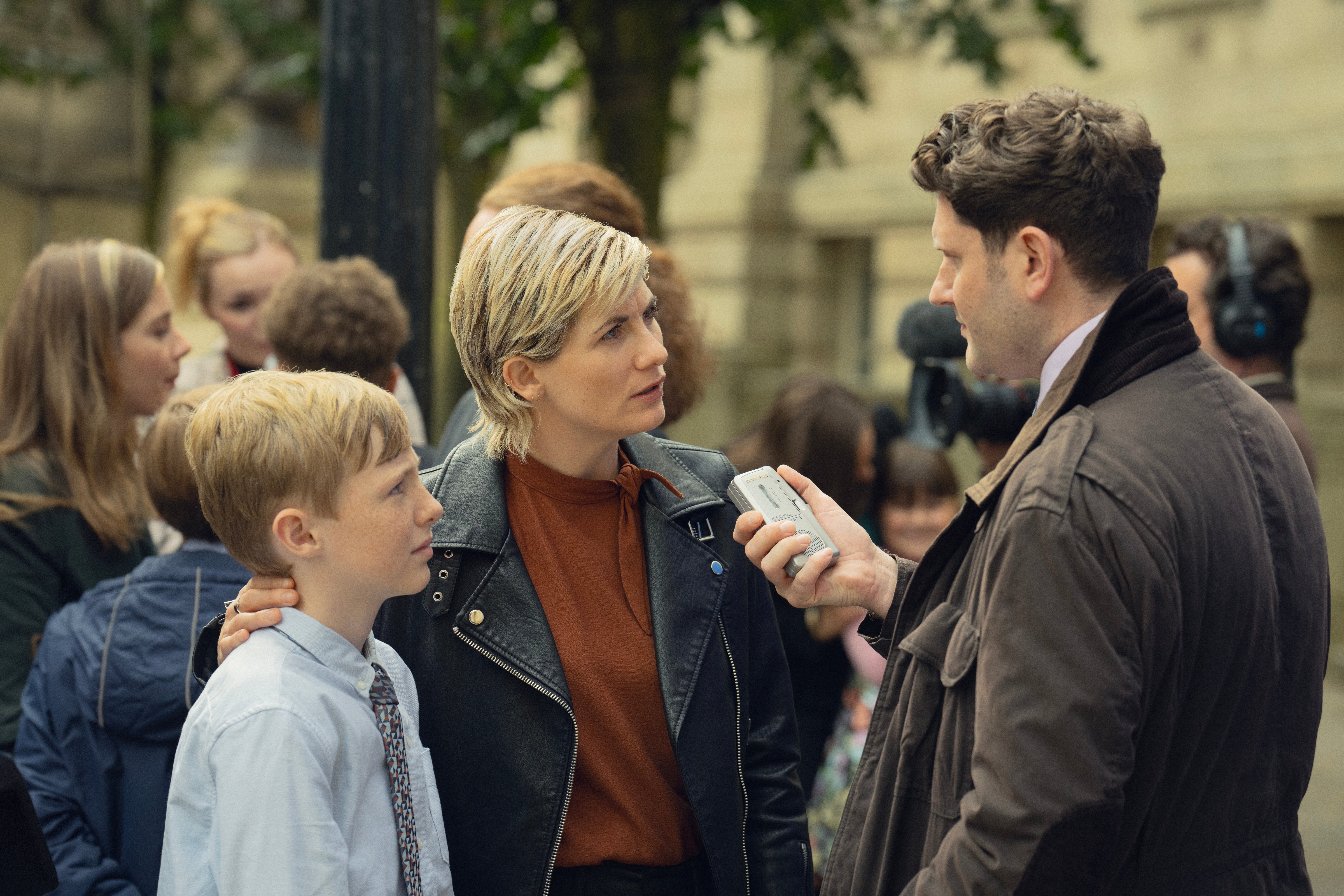 Susan (Jodie Whittaker) talks to the press in ‘Toxic Town’