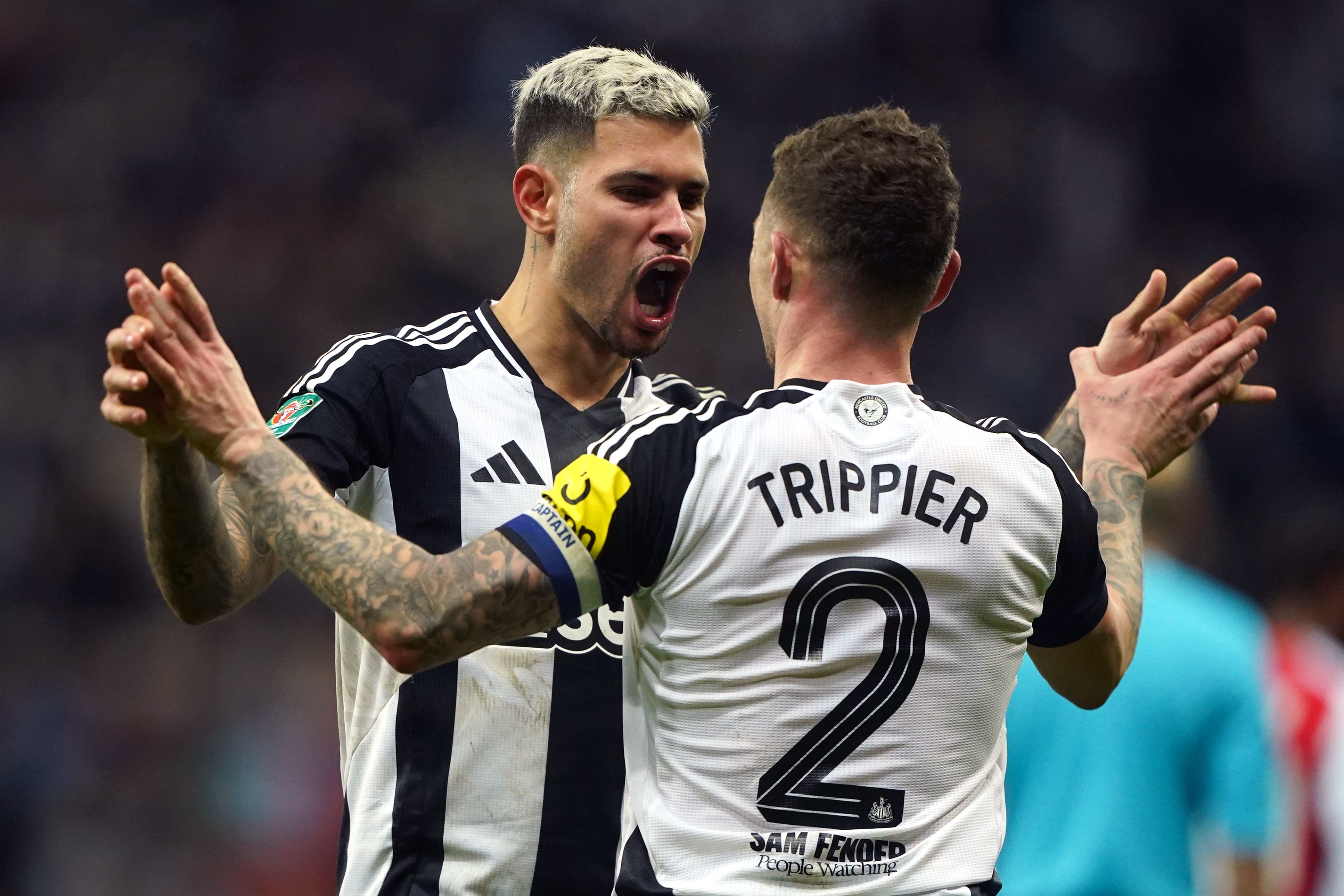 Skipper Bruno Guimaraes is hoping to end Newcastle’s 70-year domestic trophy drought at Wembley next month (Owen Humphreys/PA)