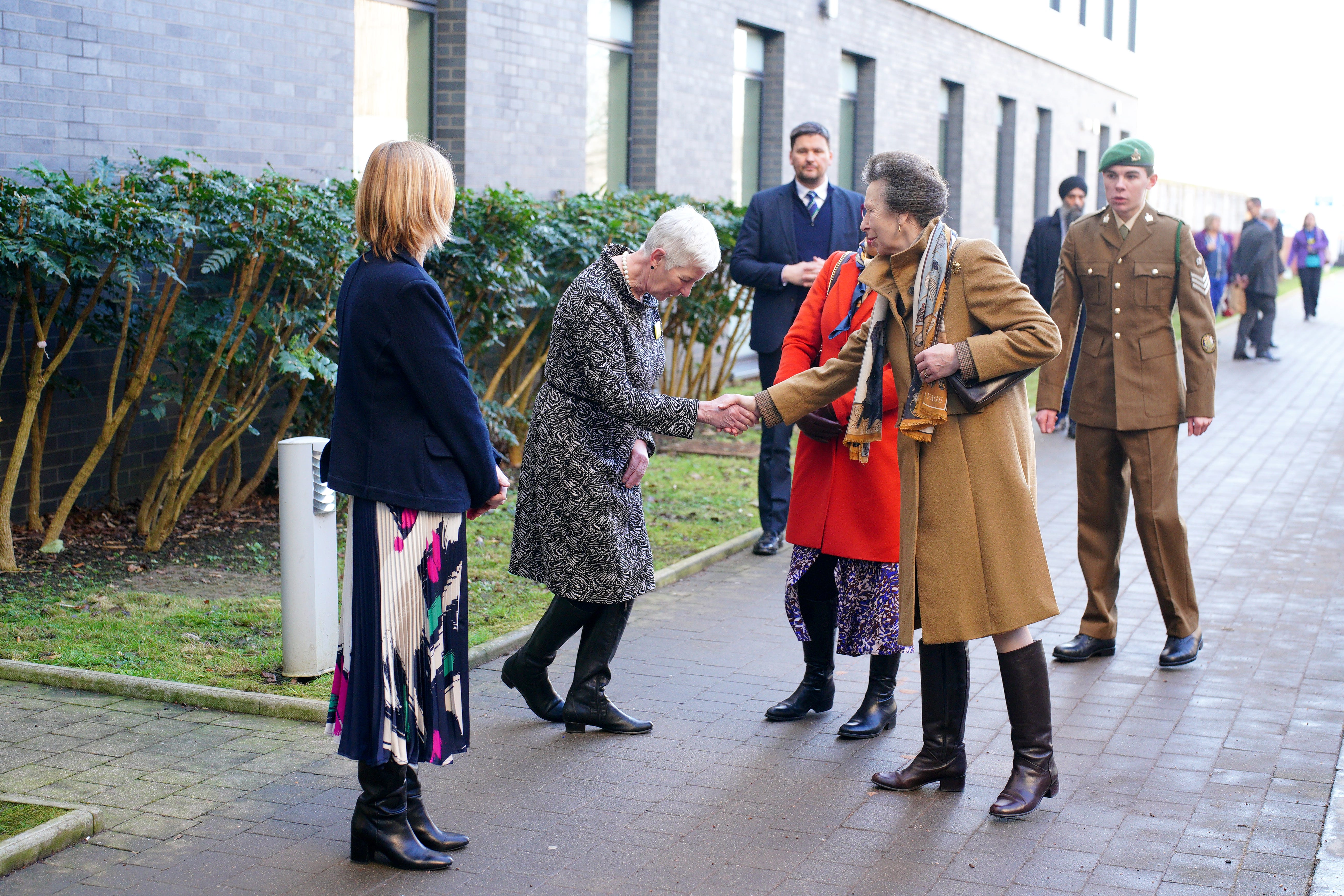 The Princess Royal is greeted by staff as she arrives for a visit to Southmead Hospital in Bristol (Ben Birchall/PA)
