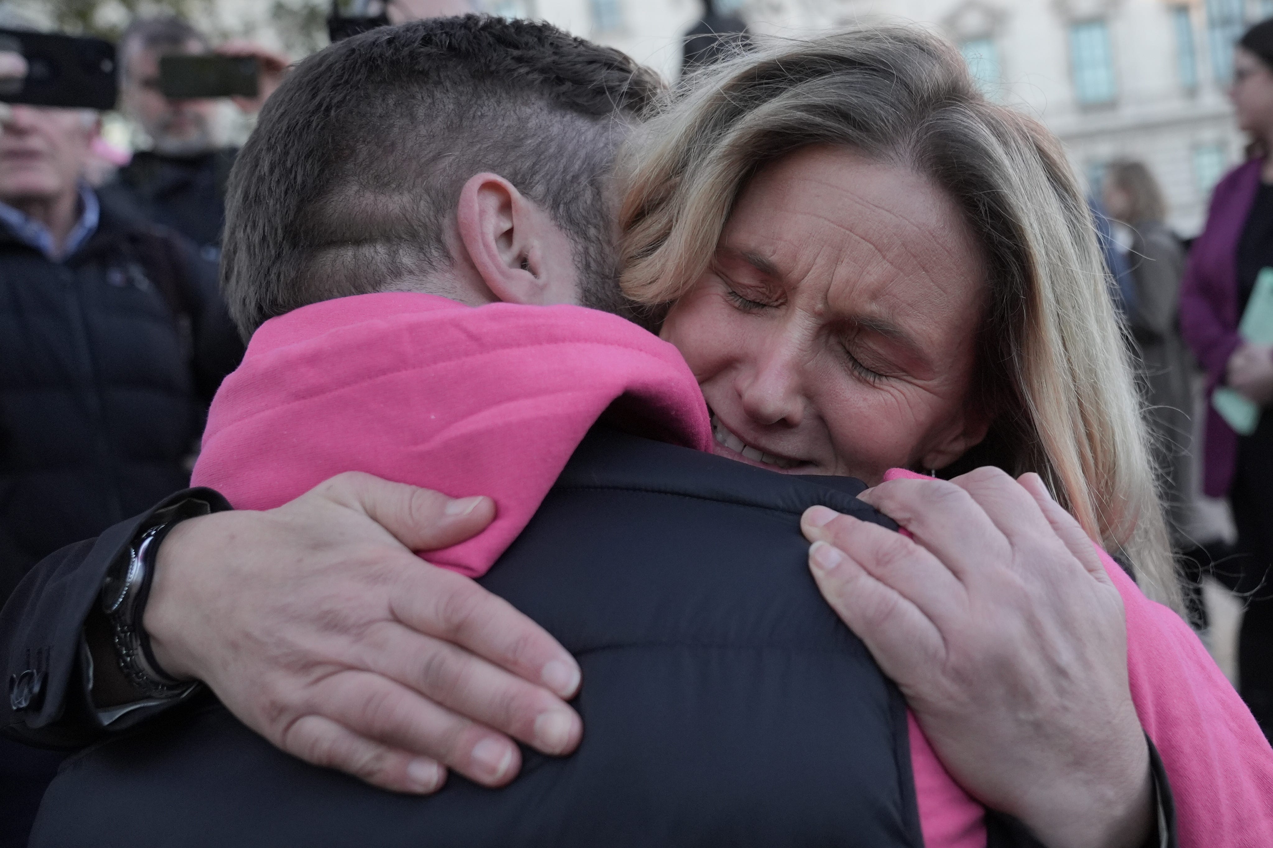 Labour MP Kim Leadbeater, who proposed the Terminally Ill Adults (End of Life) Bill, hugs a Dignity in Dying campaigner after the Bill passed its first test in the House of Commons in November (Stefan Rousseau/PA)