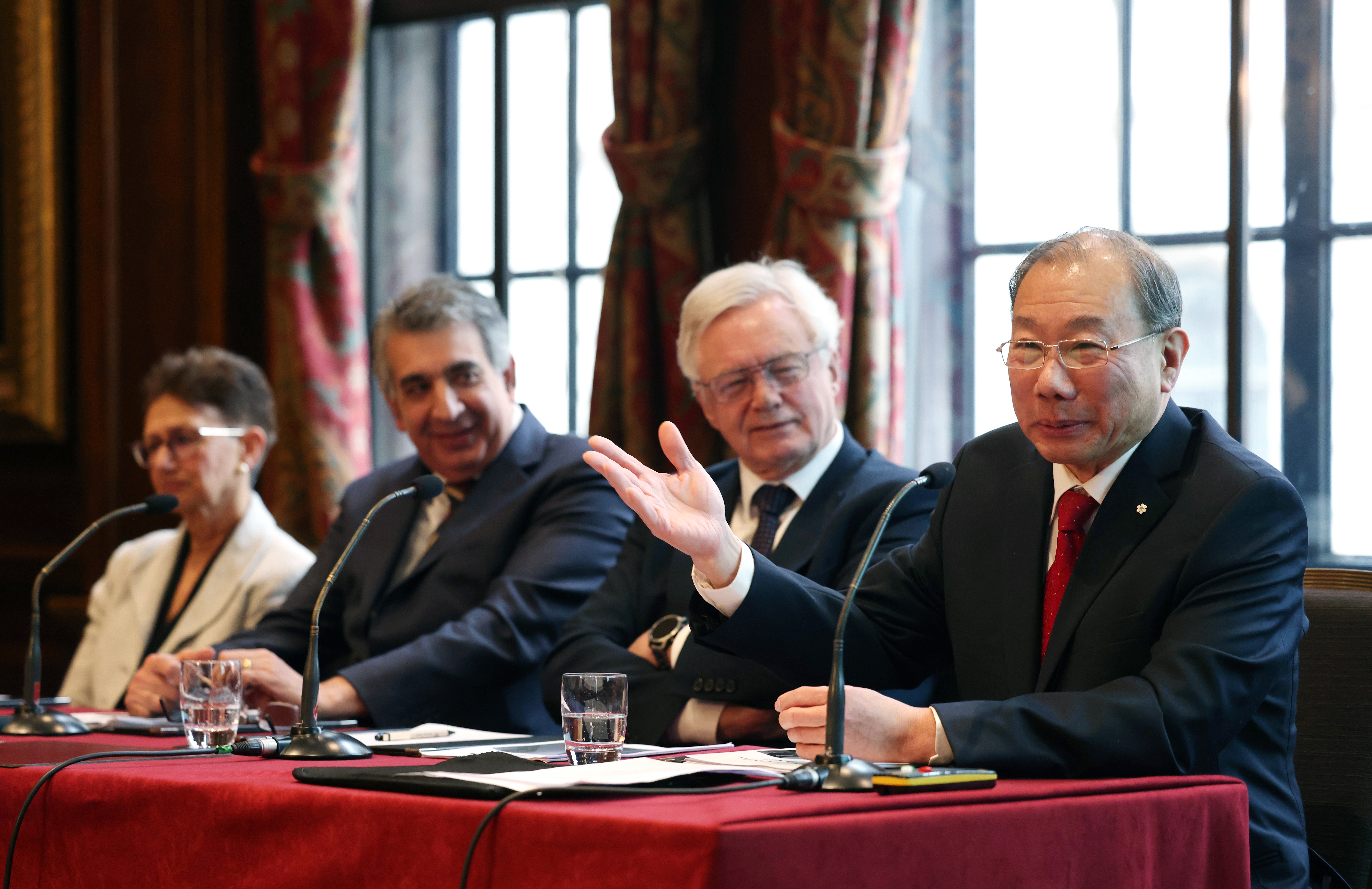A panel of (from left) British physician Neena Modi, human rights barrister Mark McDonald, Conservative MP David Davis and Professor Dr Shoo Lee attend a press conference to unveil new evidence on the Lucy Letby case