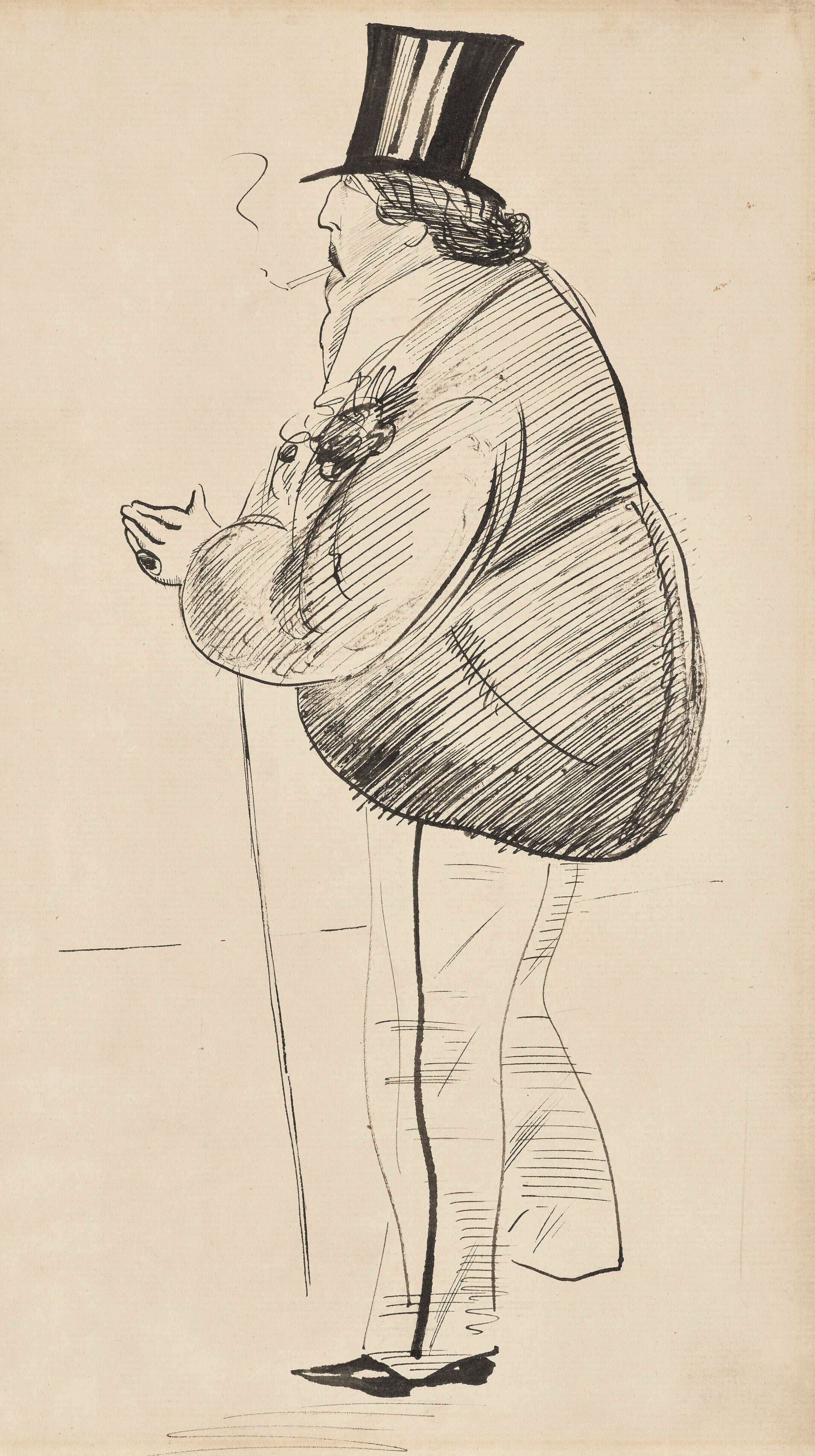 A Max Beerbohm sketch depicting Oscar Wilde in a top hat with a cigarette